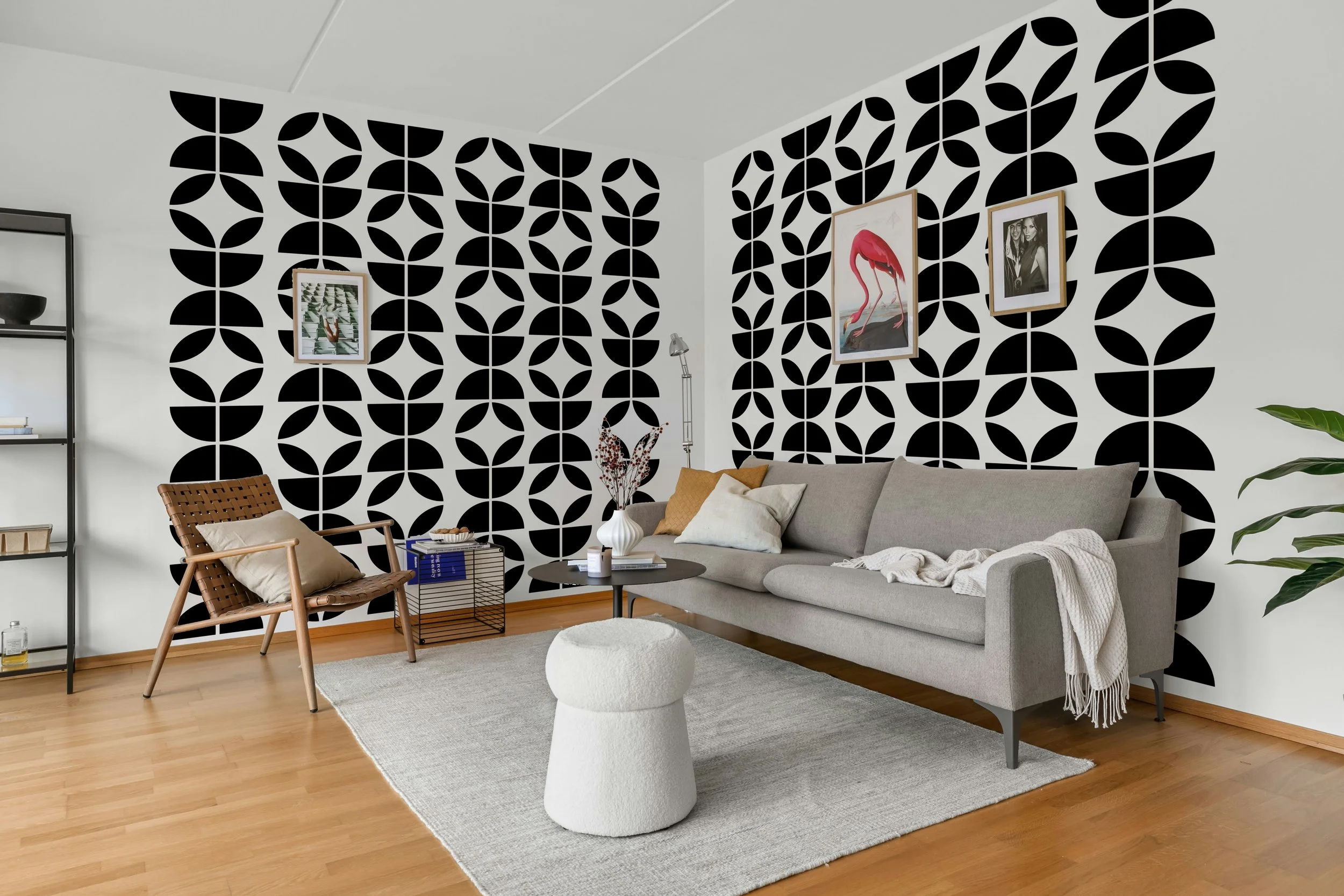 Atomic mid century modern removable wall decal featuring bold black geometric pattern in contemporary living room.