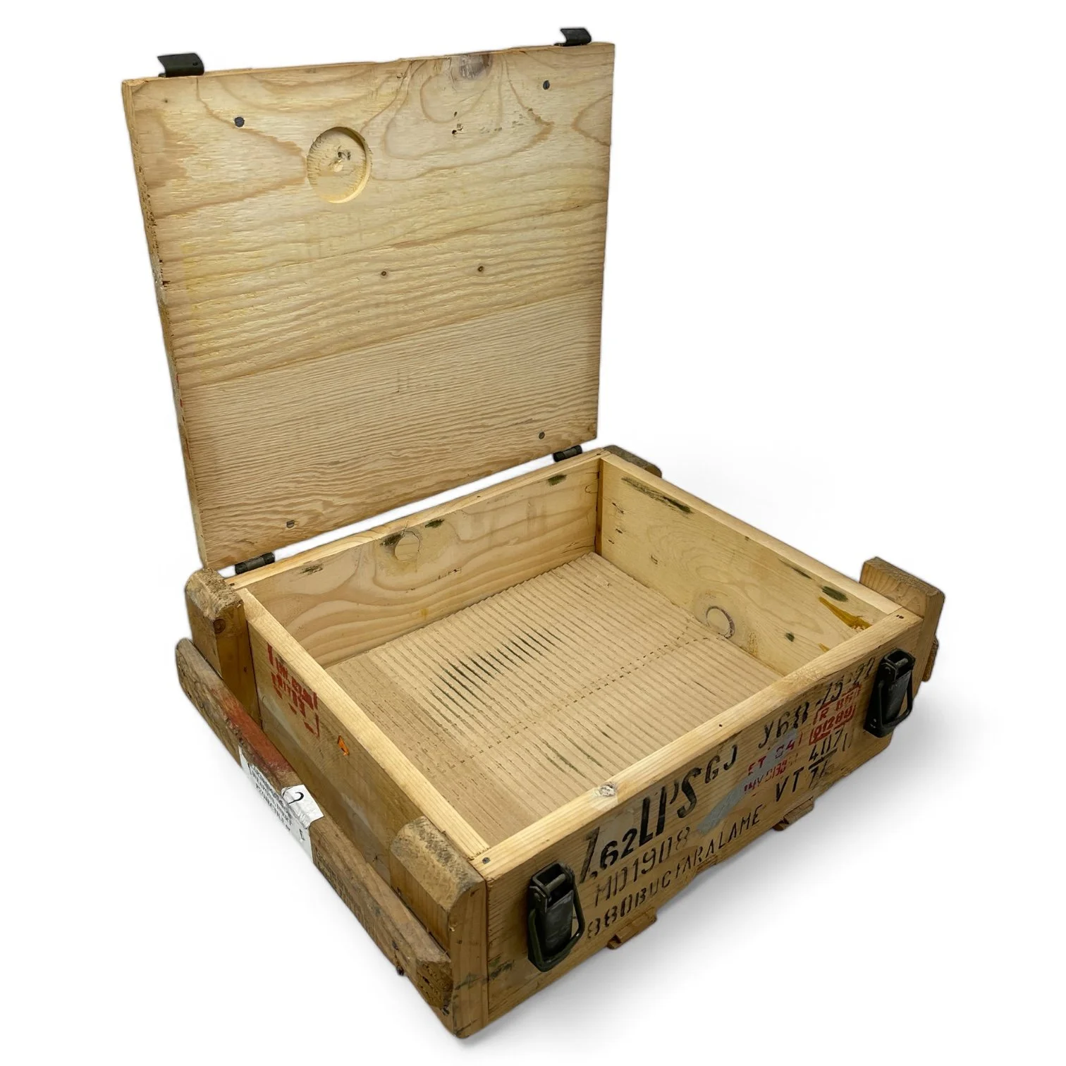 Vintage military cartridges for weapons wooden box with lid for spam can ammo.