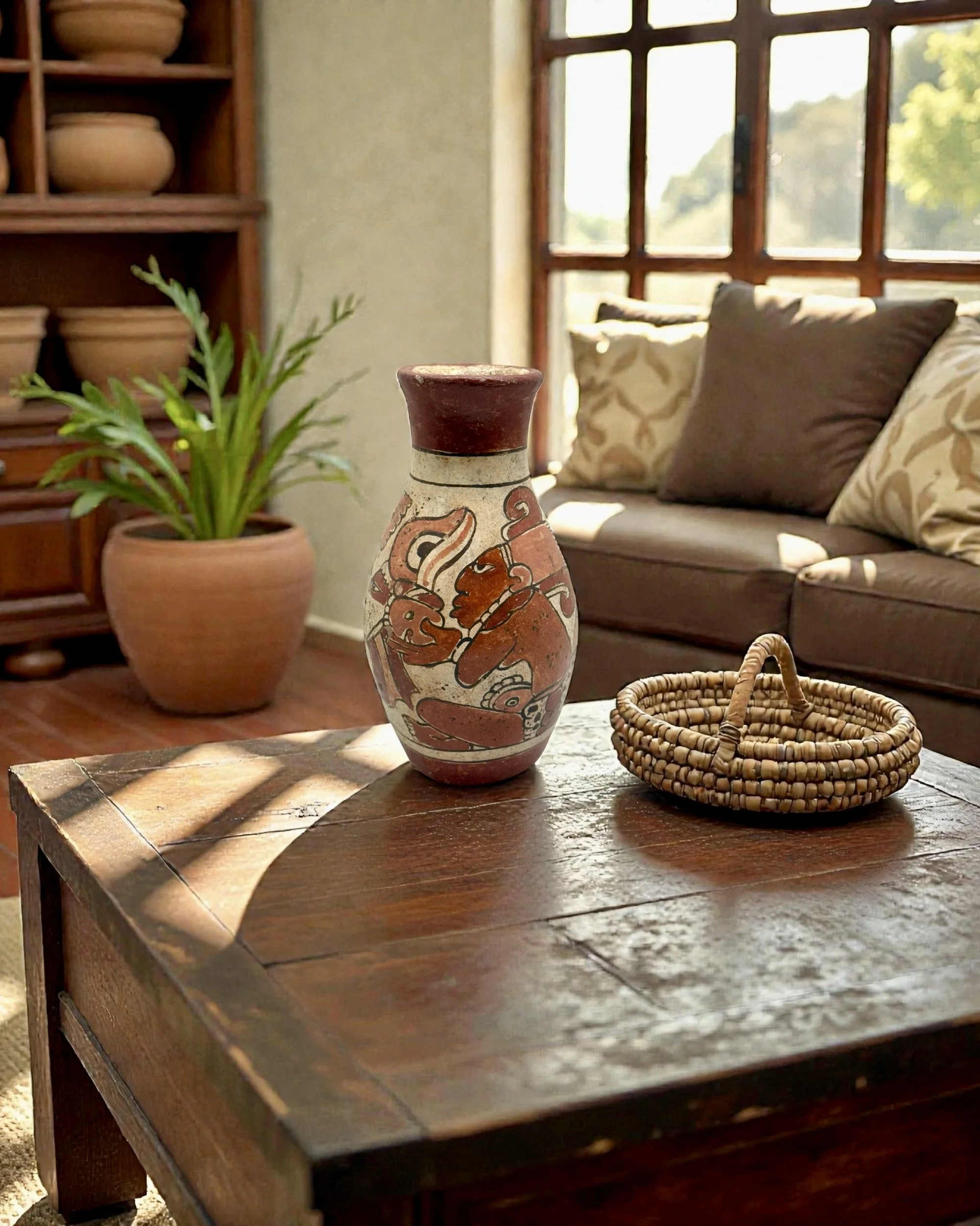 vintage mesoamerican mayan style pottery vessel shown styled on a wooden coffee table in a southwestern inspired living room