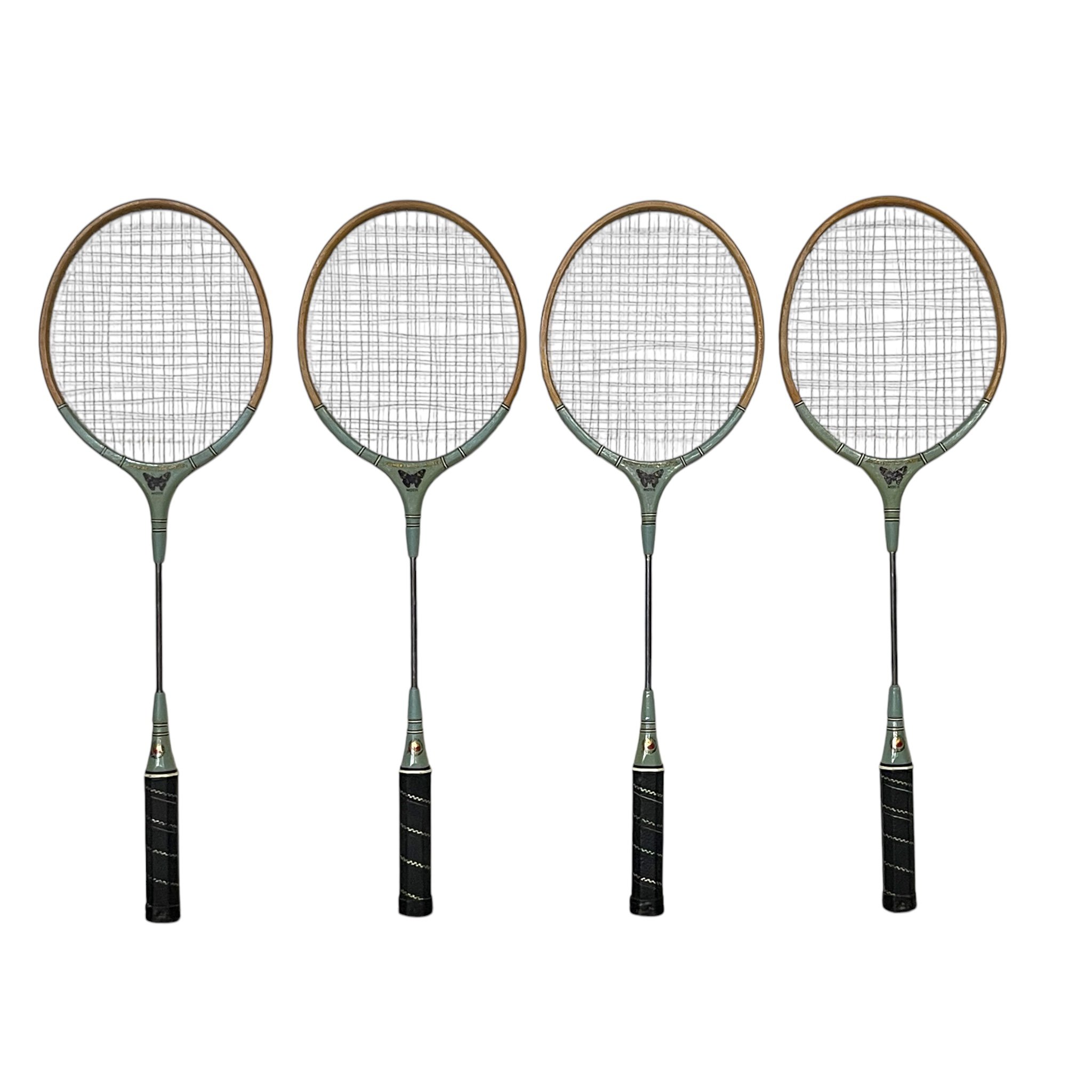 Set of 4 wooden badminton rackets with wood press, by Sportcraft, Moth competition model. Perfect decor for game room.