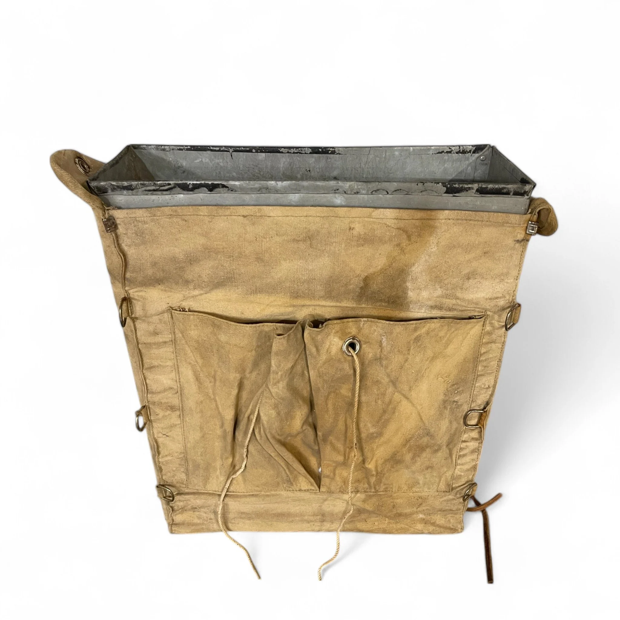 Vintage Standard Trail Camper canvas backpack with adjustable straps and metal insert, No. 724 D-ring KNA Pack, rustic outdoor camping gear