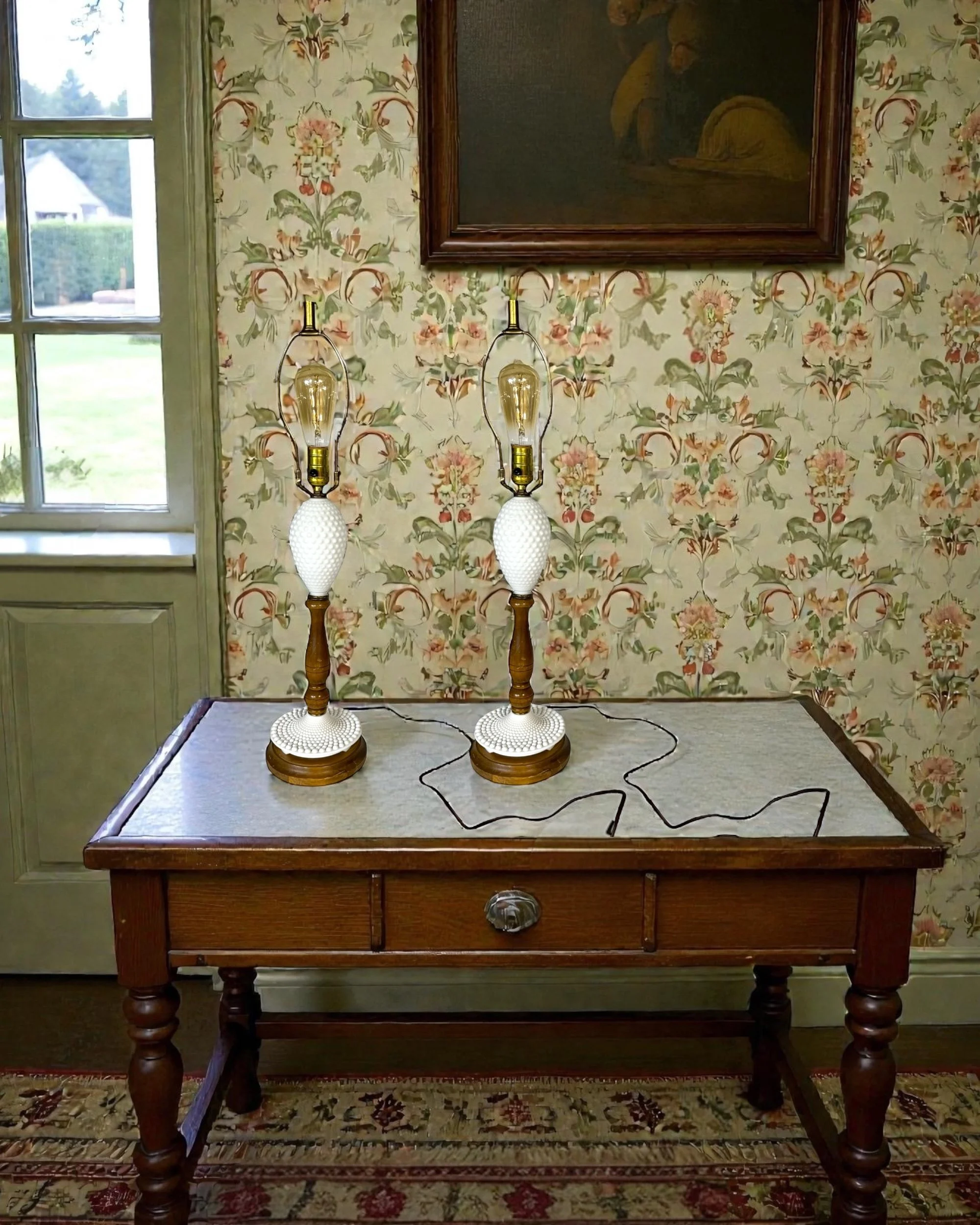 Vintage hobnail glass & wood matching table lamps in a cottagecore room