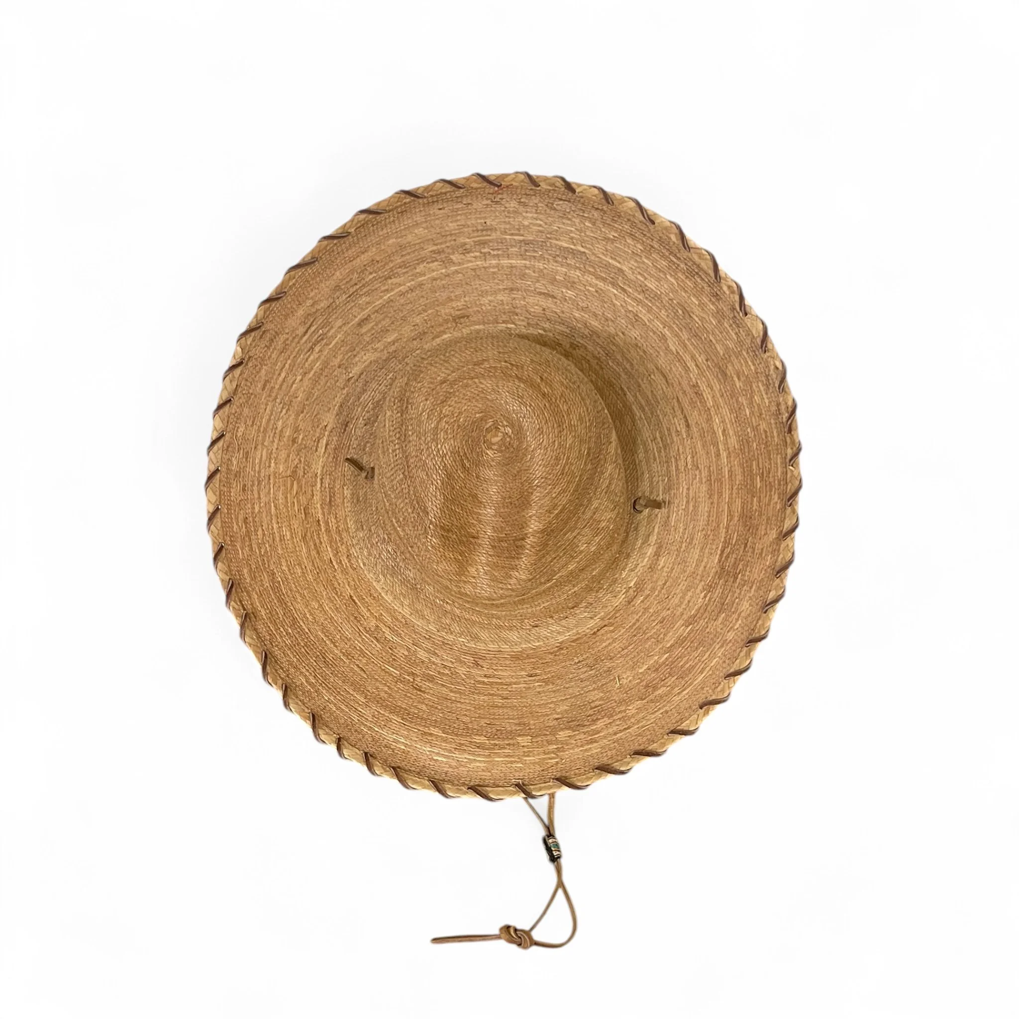 Vintage straw, palm leaf Sombrero Hat with leather whipstitch and chin strap. Authentic Mexican High Crowned, Doreman Burns artist.