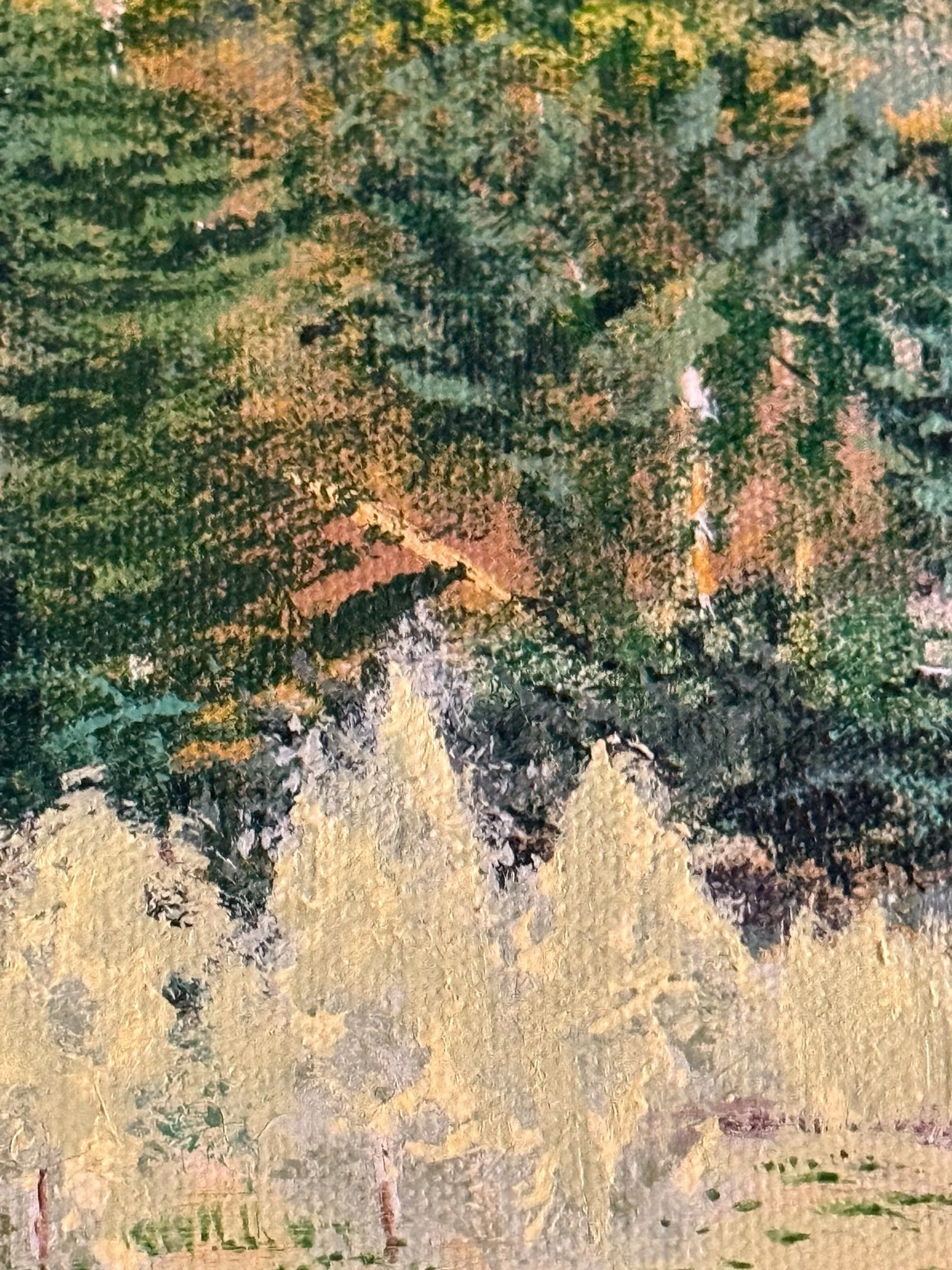 Close up view of original painting showing detailed brushstrokes on a landscape scene