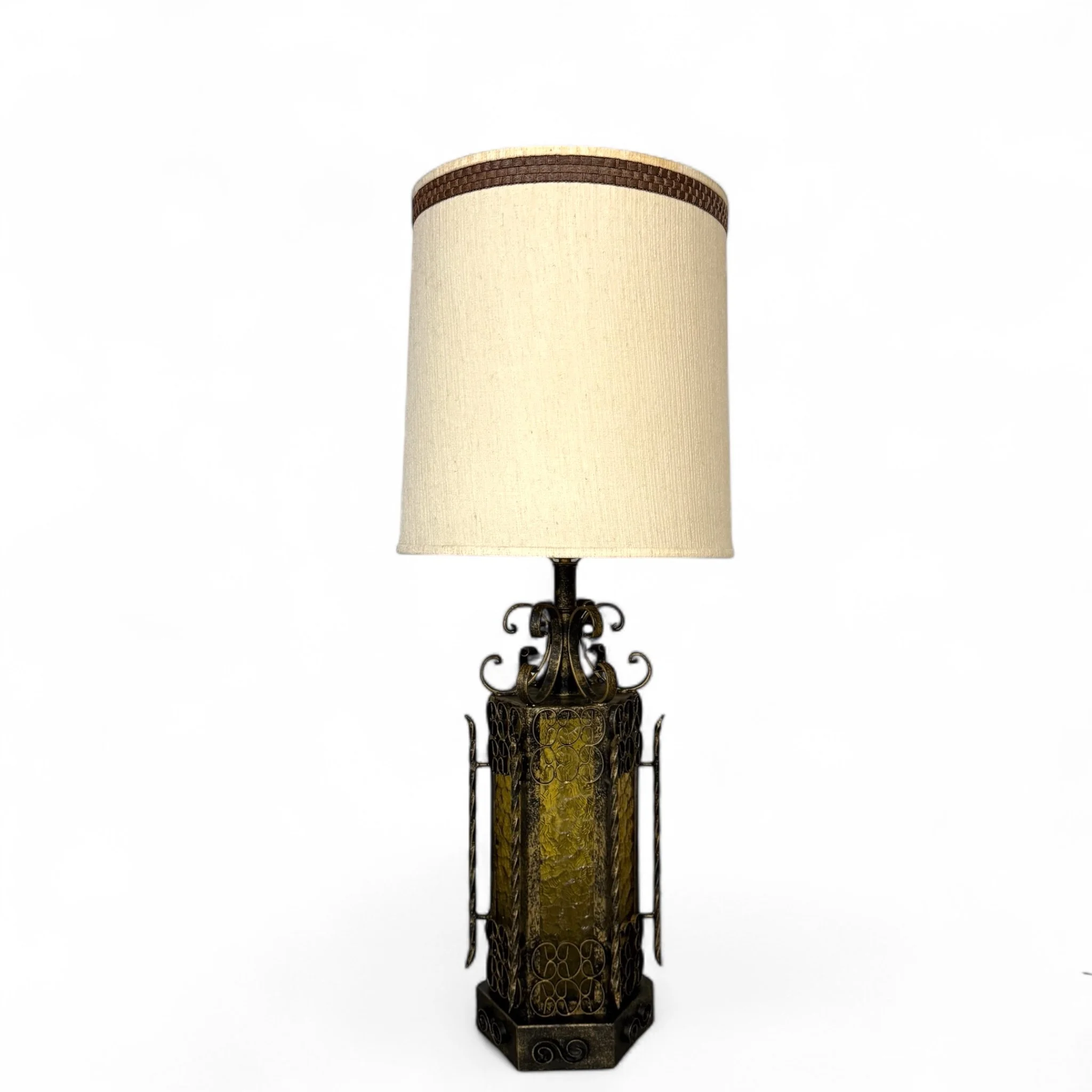 Vintage Spanish Revival table lamp  with hexagonal wrought iron frame, amber plastic panels, gothic details, with option to include a vintage drum shade.