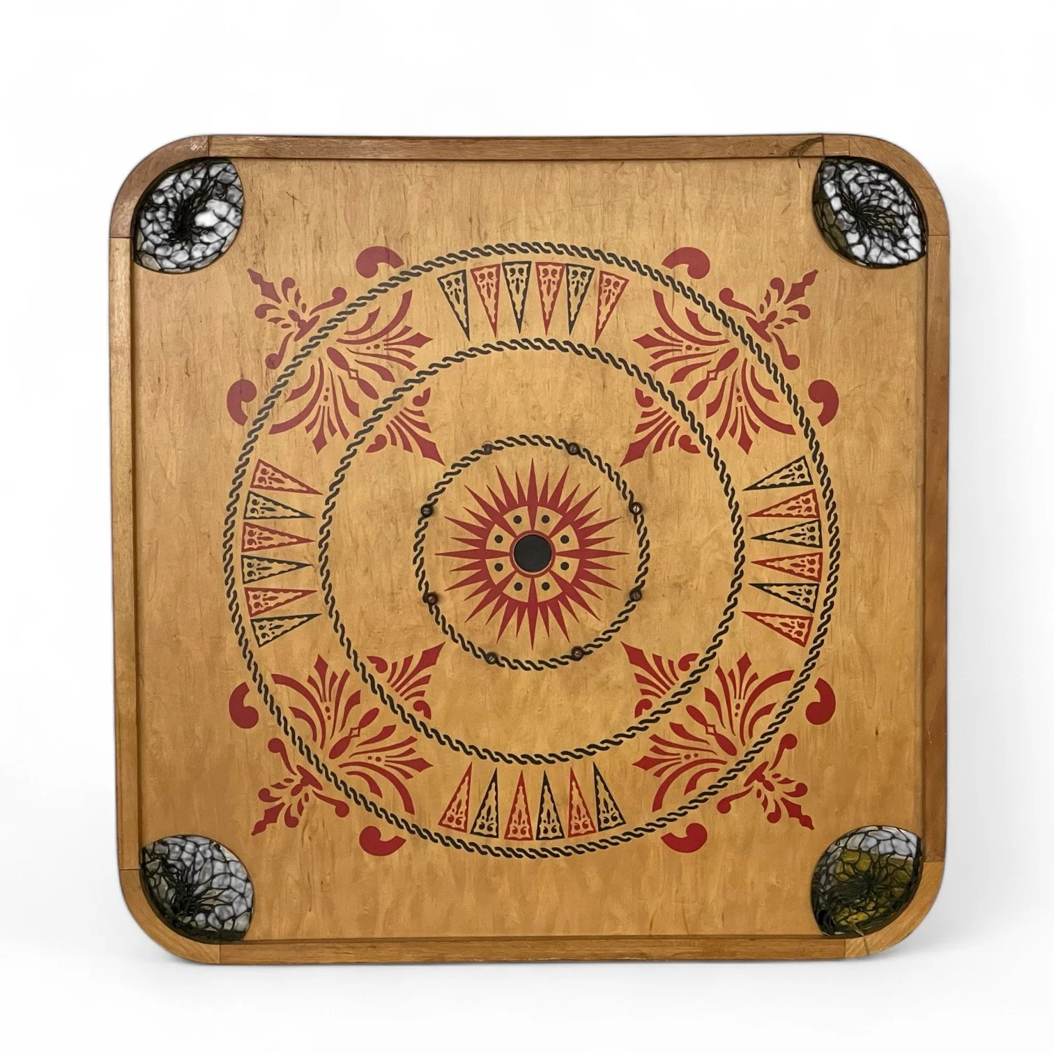 Vintage Carrom game board, Style E No. 1, circa 1930s, with original hang tag and bag with game pieces.