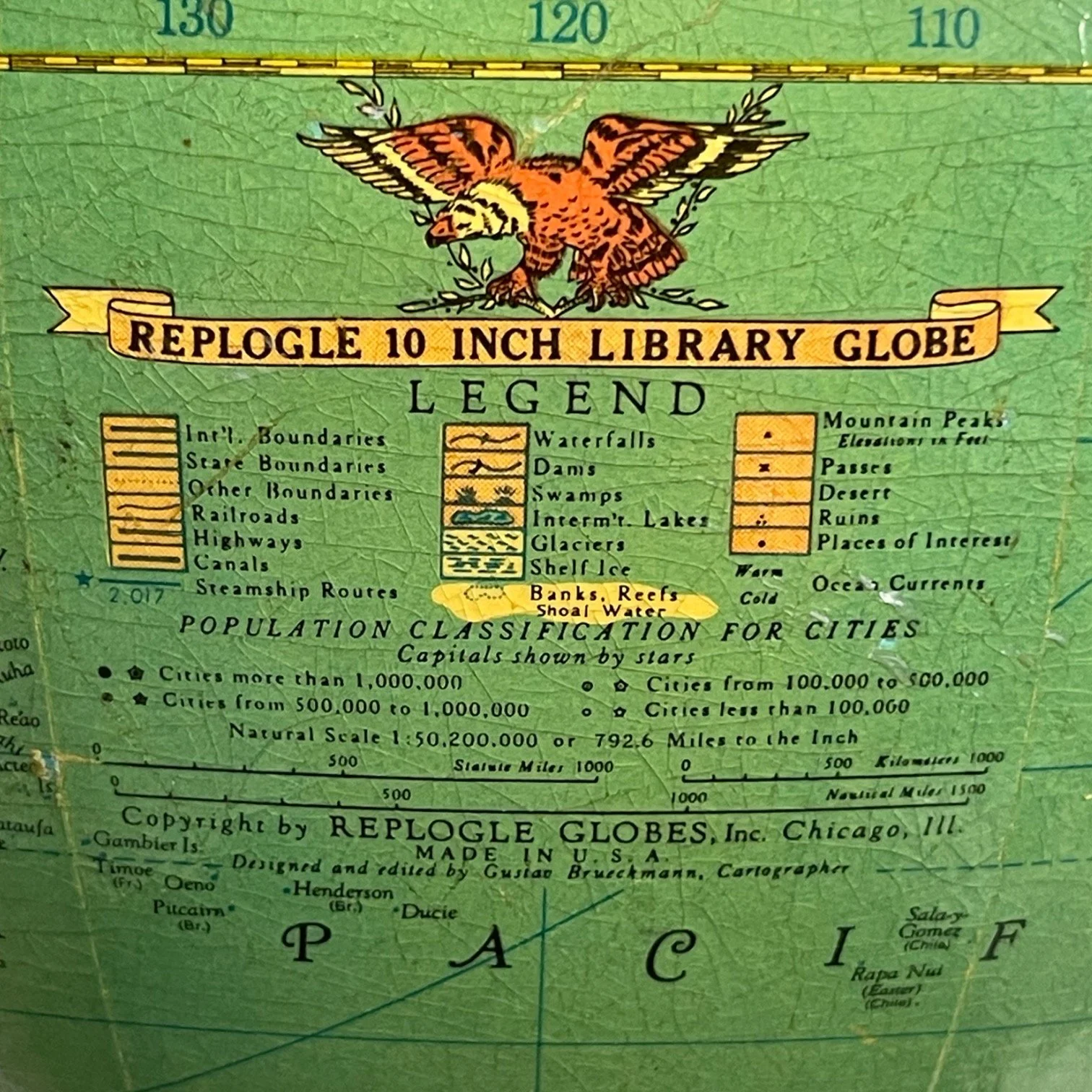 Vintage 1940s Replogle 10 inch Library glass globe light on metal stand.