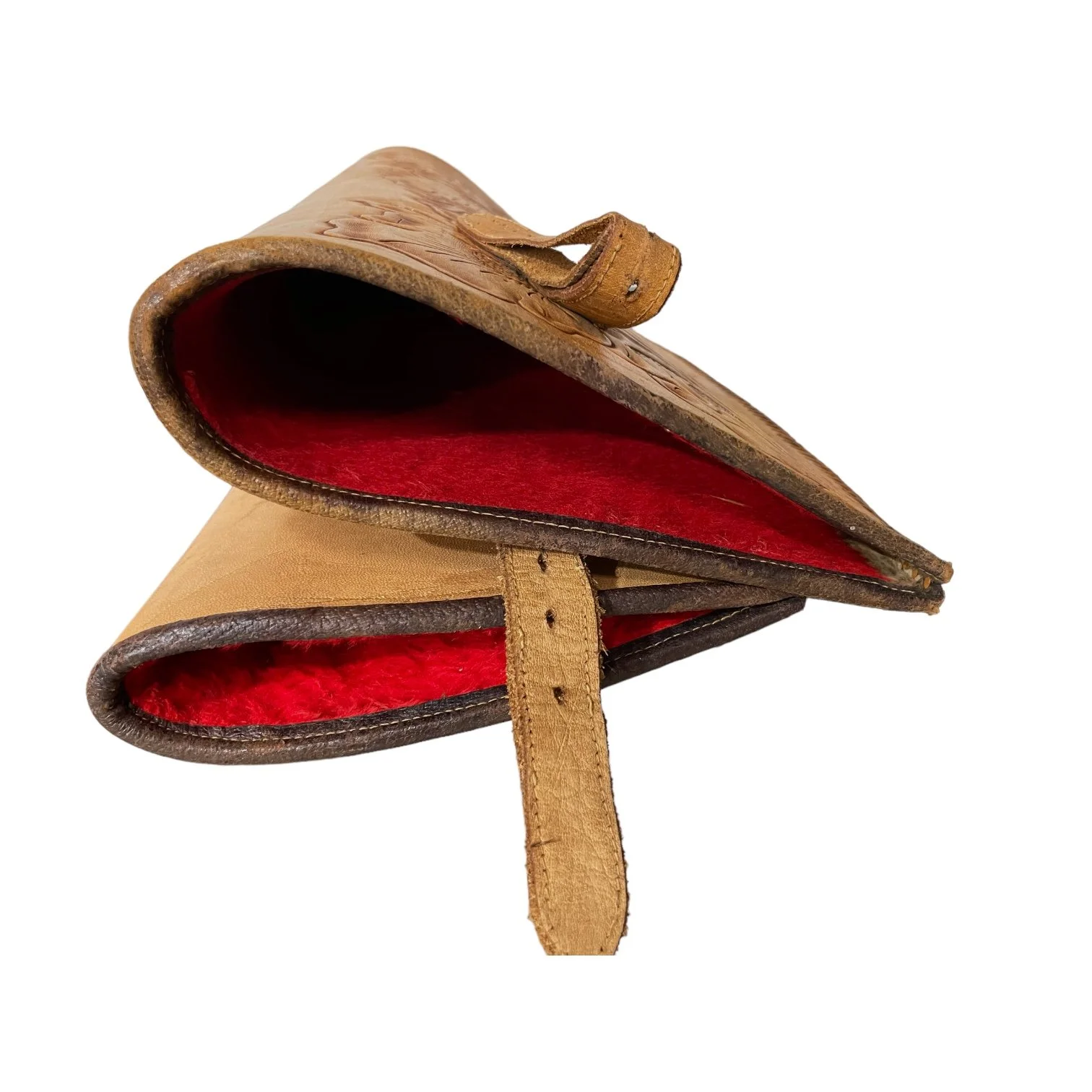 Vintage genuine leather hand tooled two piece rifle case lined in red fleece. Embossed flowers, deer on gun case.