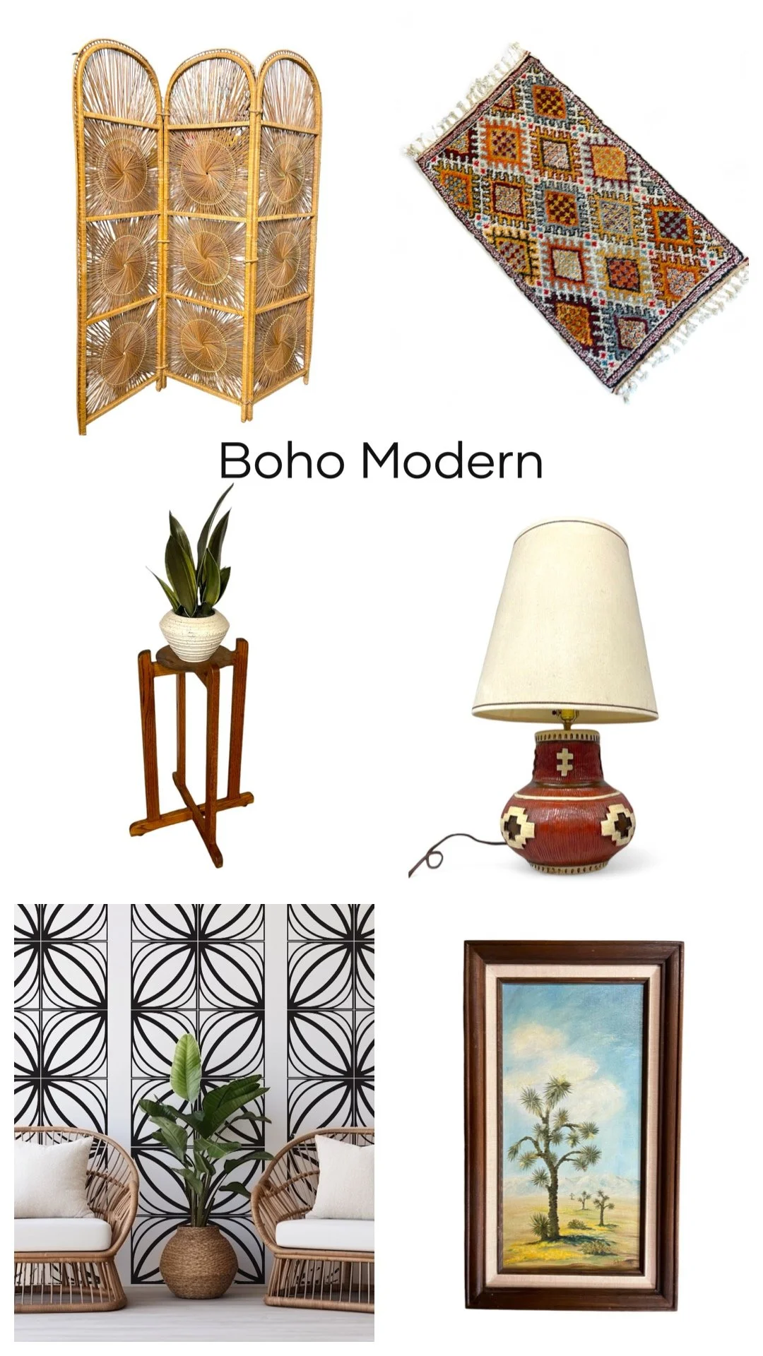A collage of boho modern home furnishings by Wall Star Graphics and Modern Artifact Decor featuring wall decals, mid century room divider, vintage rug, vintage lamp, vintage desert framed painting.