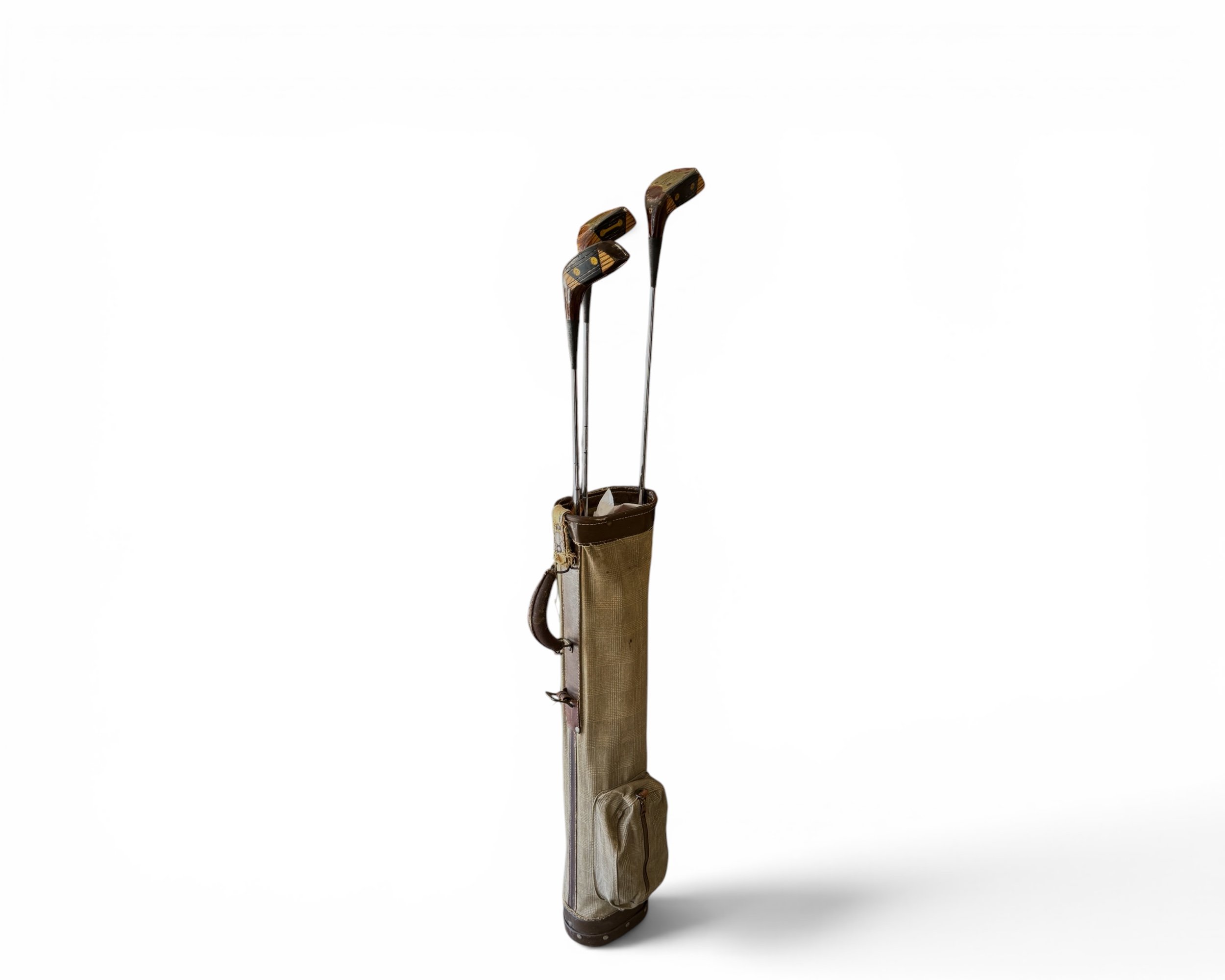 vintage golf bag with 3 vintage Northwestern woods for a rustic golf display for home or retail