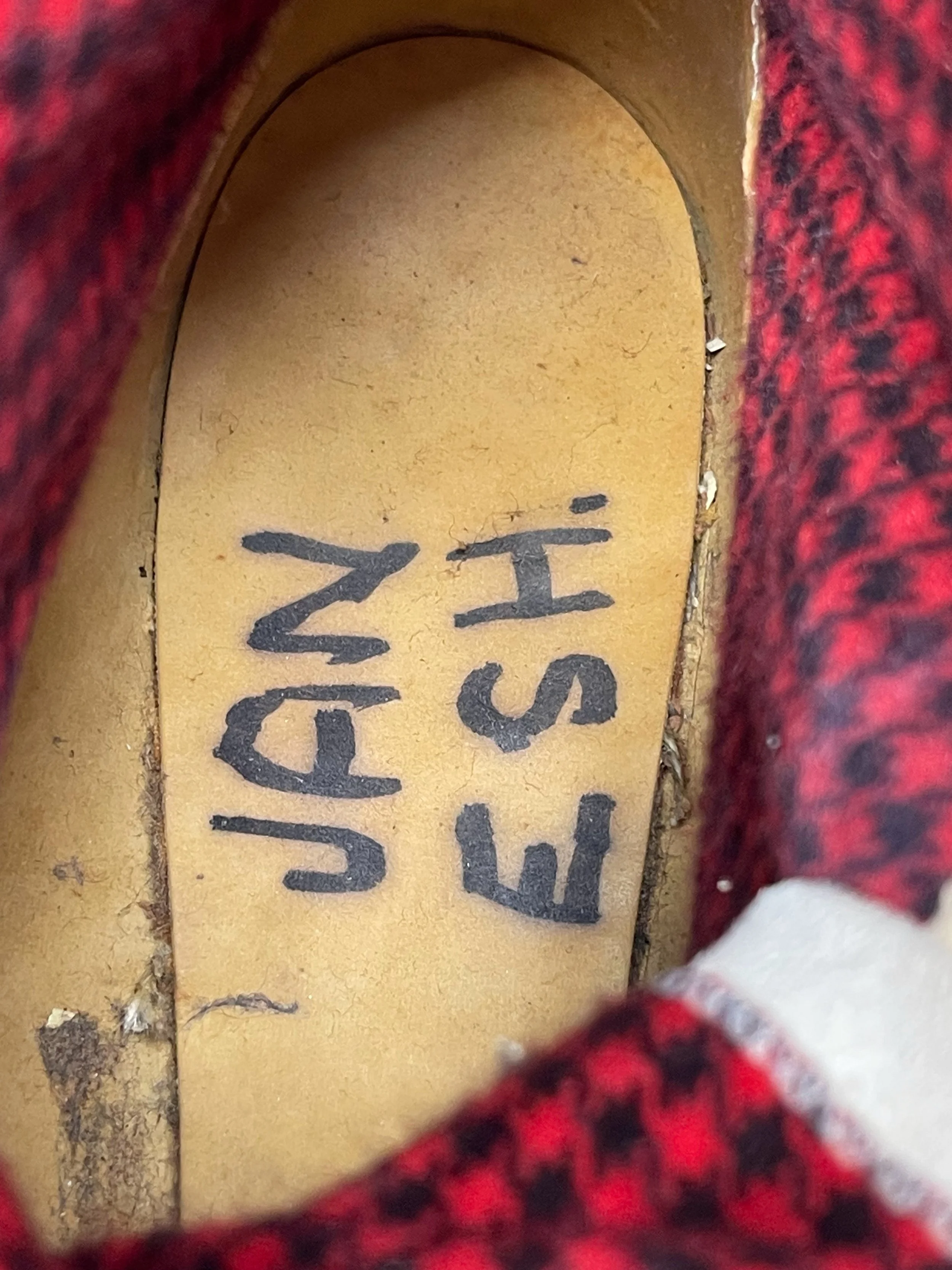 Vintage Sears ladies ice skates, white with black and red buffalo plaid interior and houndstooth shoelaces, perfect winter cabin or ski lodge decor