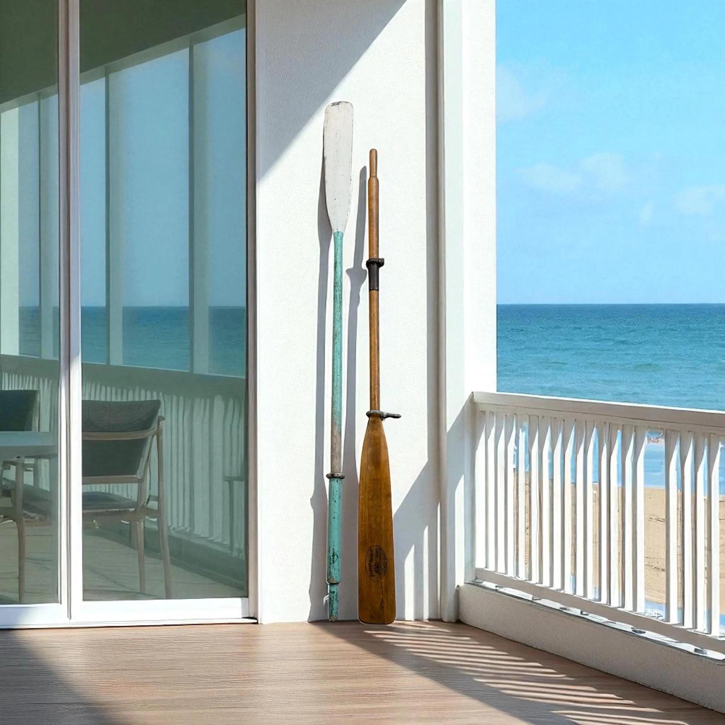 Pair of mismatched vintage wooden boat oars with turquoise chippy paint styled against a modern beach house.