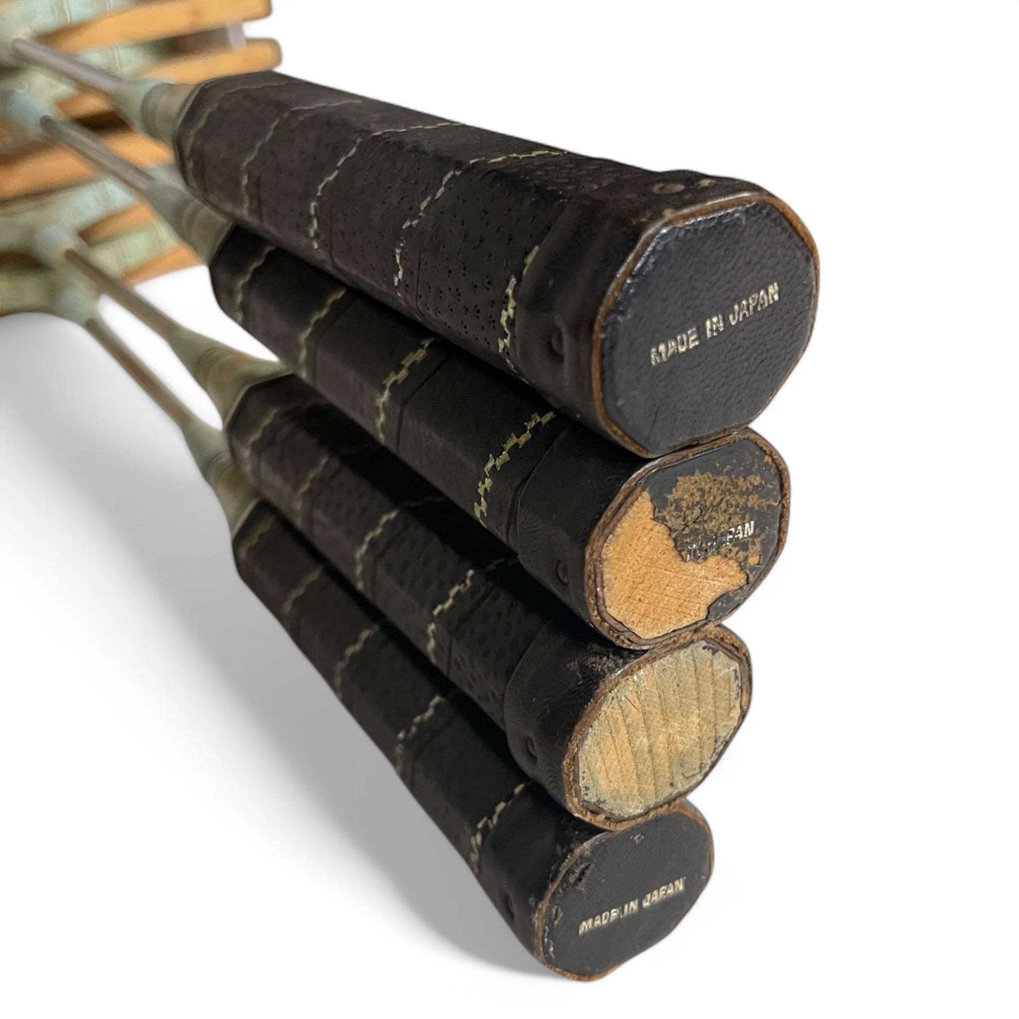 Set of 4 wooden badminton rackets with wood press, by Sportcraft, Moth competition model. Perfect decor for game room.