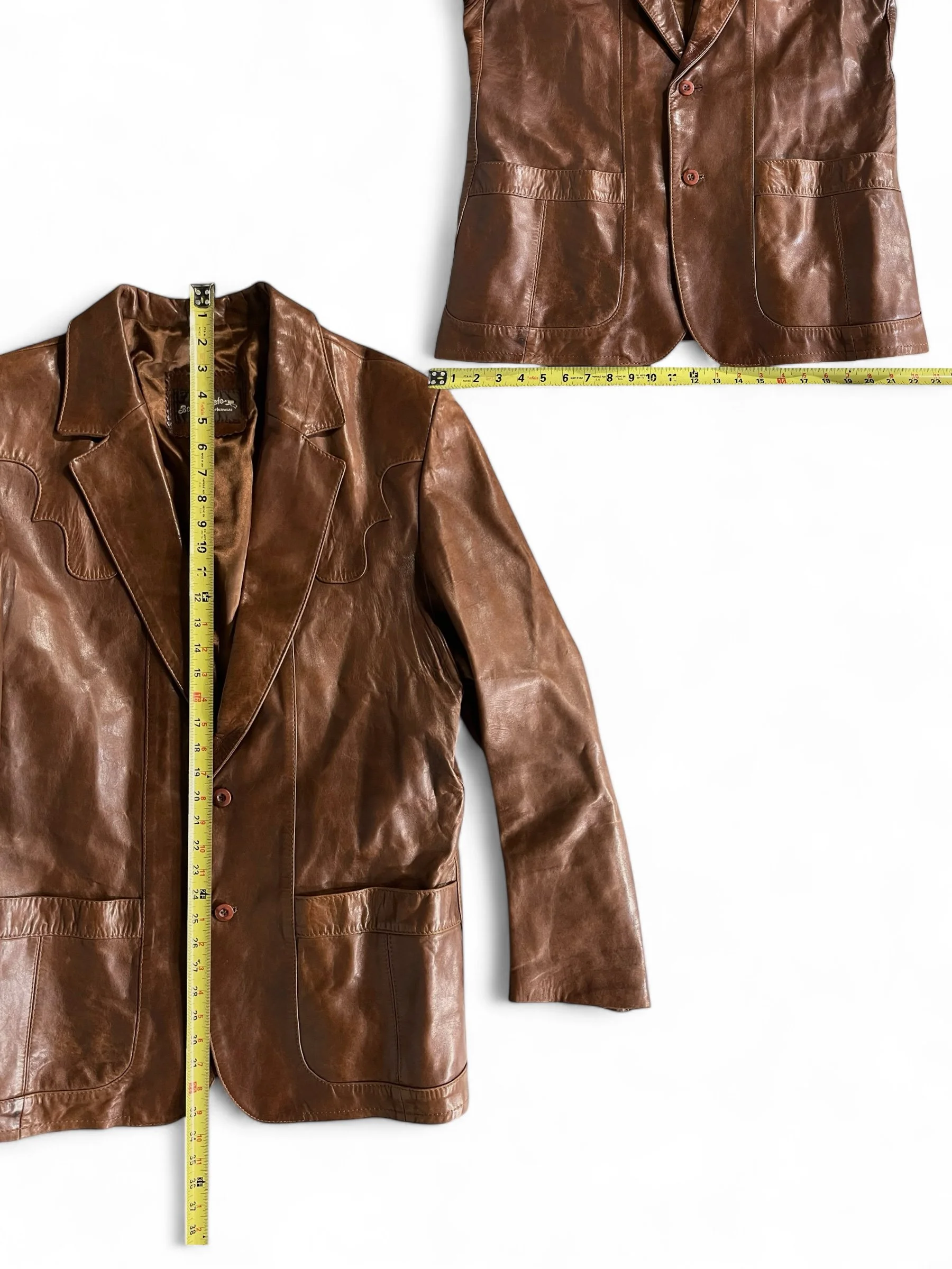 1970s vintage mens brown leather jacket, crafted by Beau-Geste Leatherware. Western front/back detailing, button front closure. Fully lined. Made in Mexico.