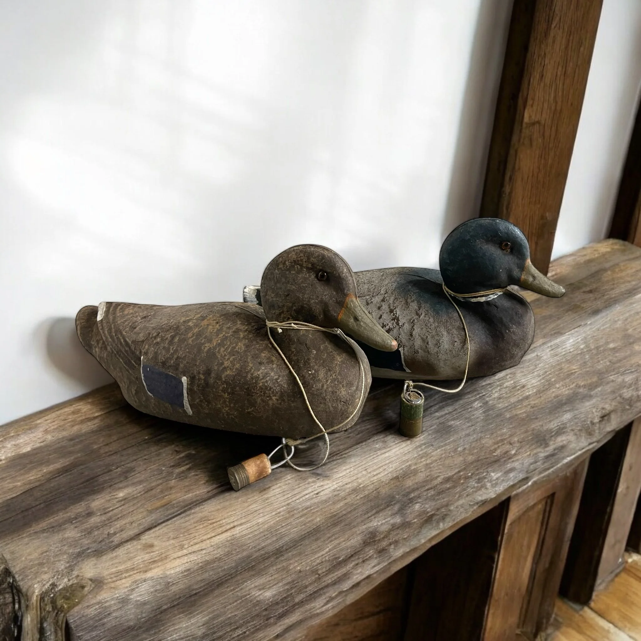 Vintage pair of duck decoys, Featherweight Ariduk model by General Fibre Co. Made in USA circa 1950s.
