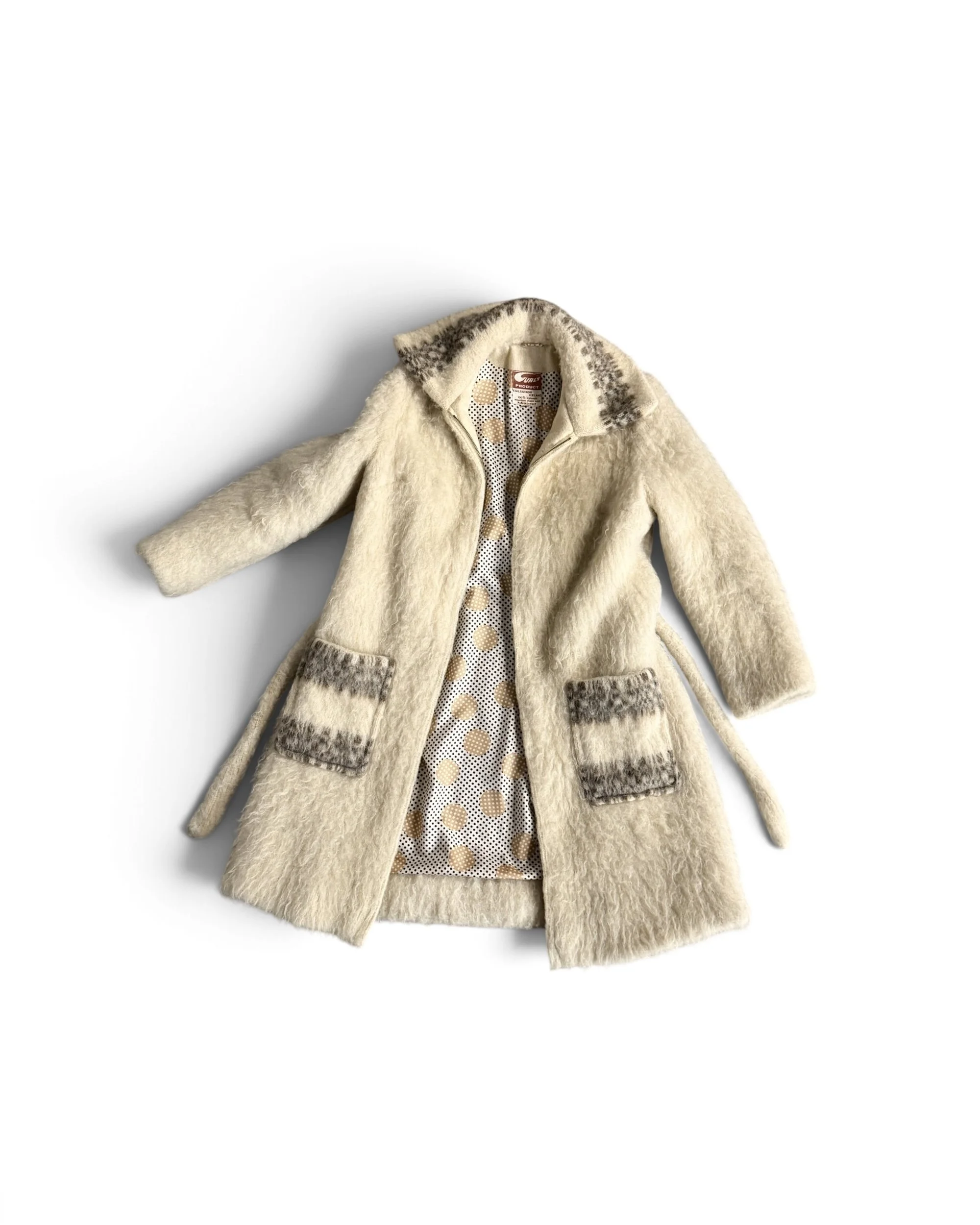 1970s Curly Products cream mountain sheep wool coat in size Large, vintage Western boho curly wool coat with patterned collar, pockets and tie belt