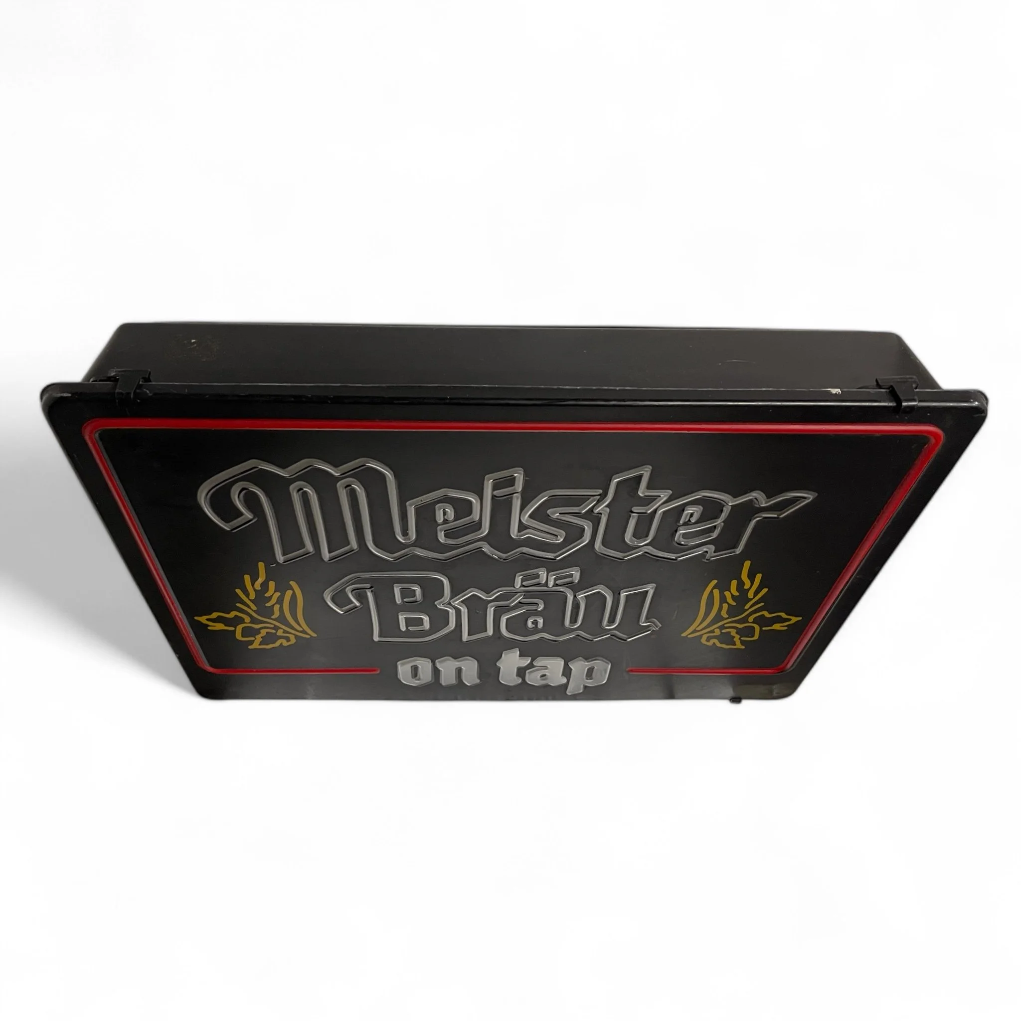Vintage 1980s faux neon Meister Brau on Tap wall hanging beer sign, union made, black plastic with red, white, yellow accents.