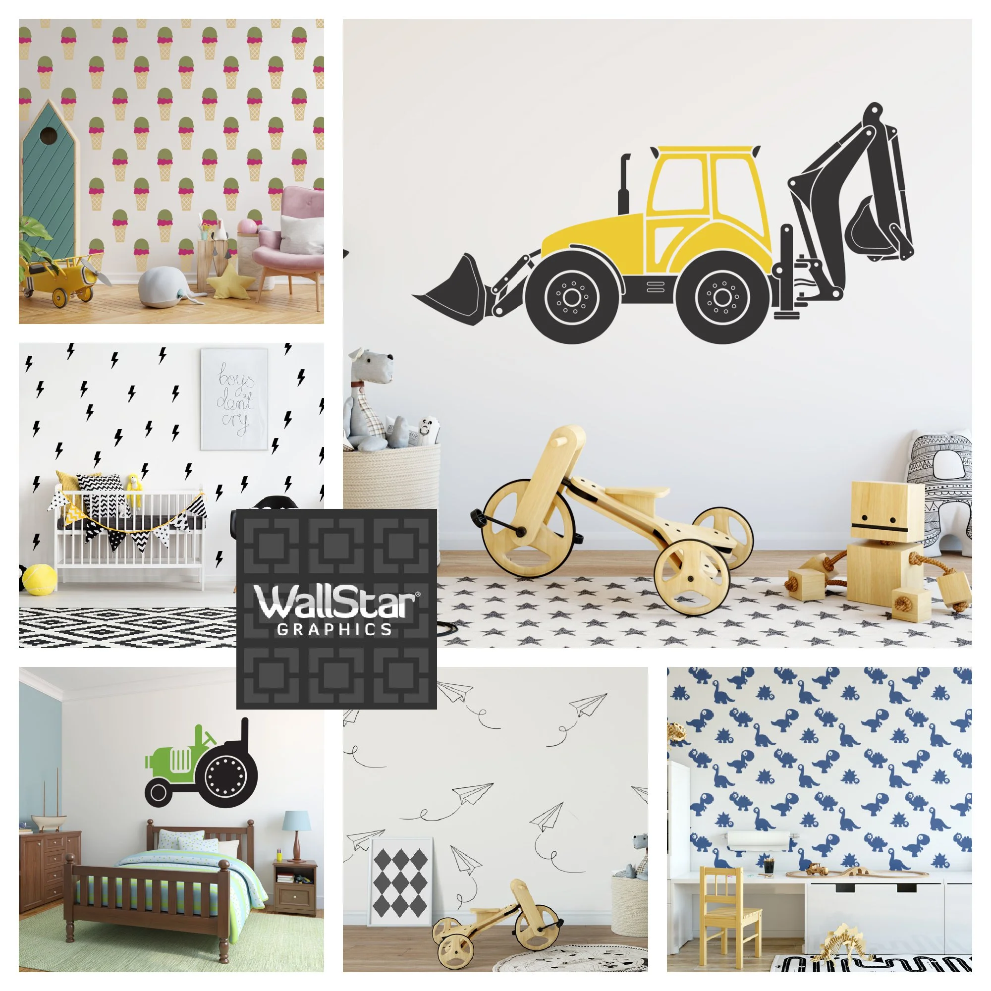 Collage of vinyl wall decals for kids by Wall Star Graphics, including excavator, ice cream cones, lightening bolts, tractor, paper airplanes, and dinosaurs.