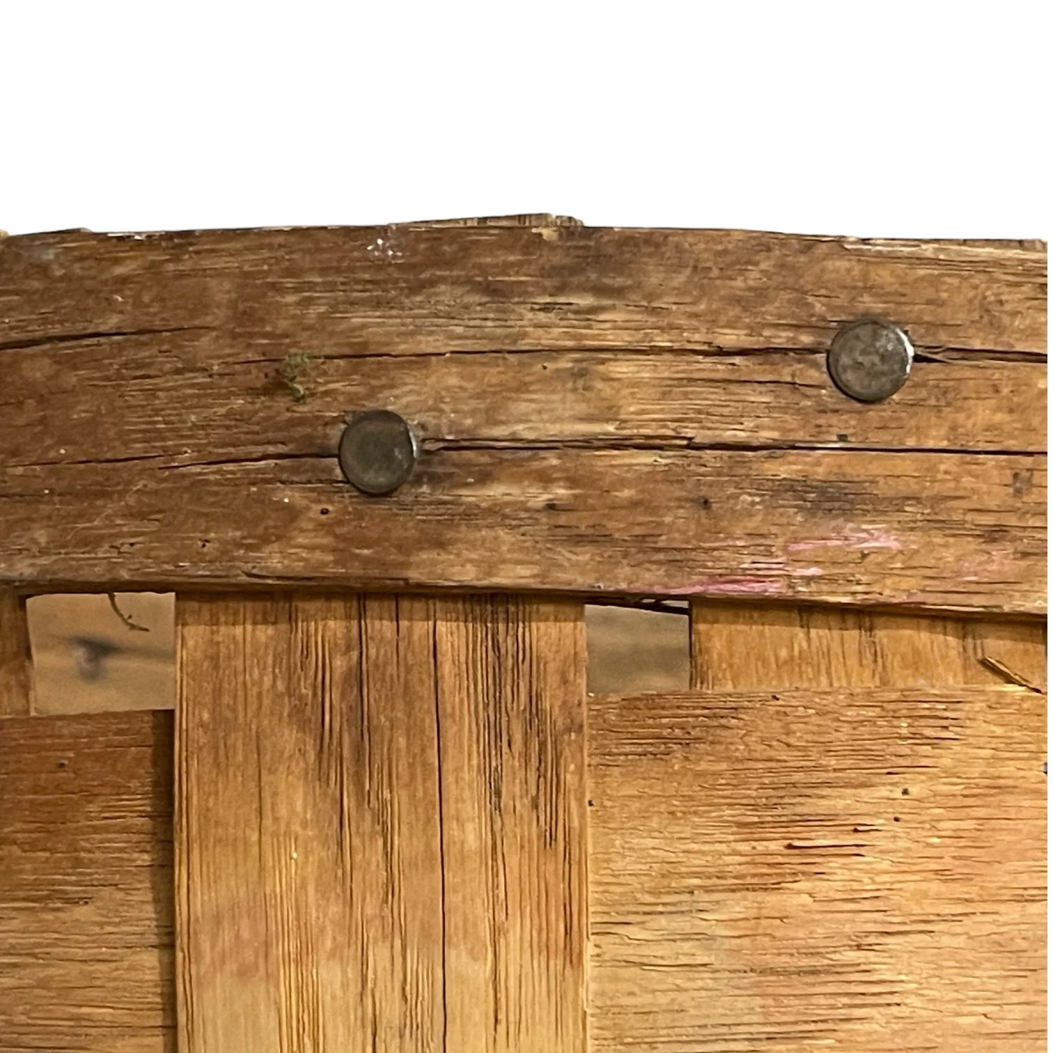 Close up view of a large vintage Adirondack Pack Basket - 2 Compartments, 1 with lid, canvas adjustable shoulder straps.