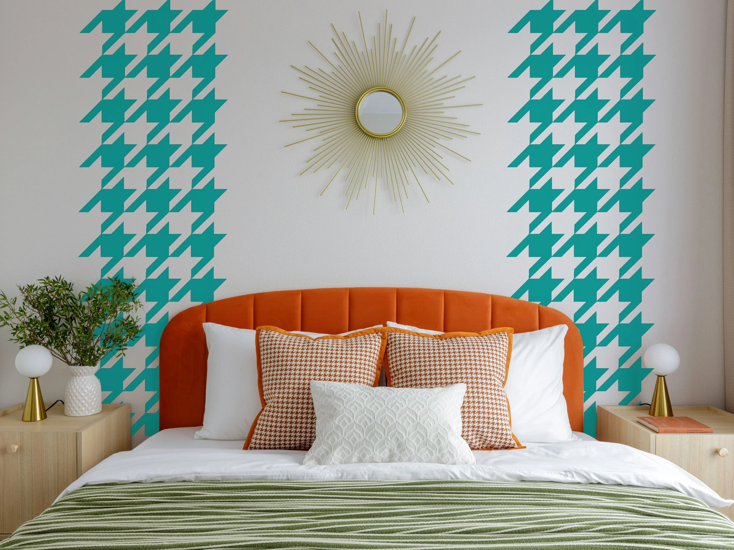 removable houndstooth pattern vinyl wall decal shown in turquoise above the headboard of a bed