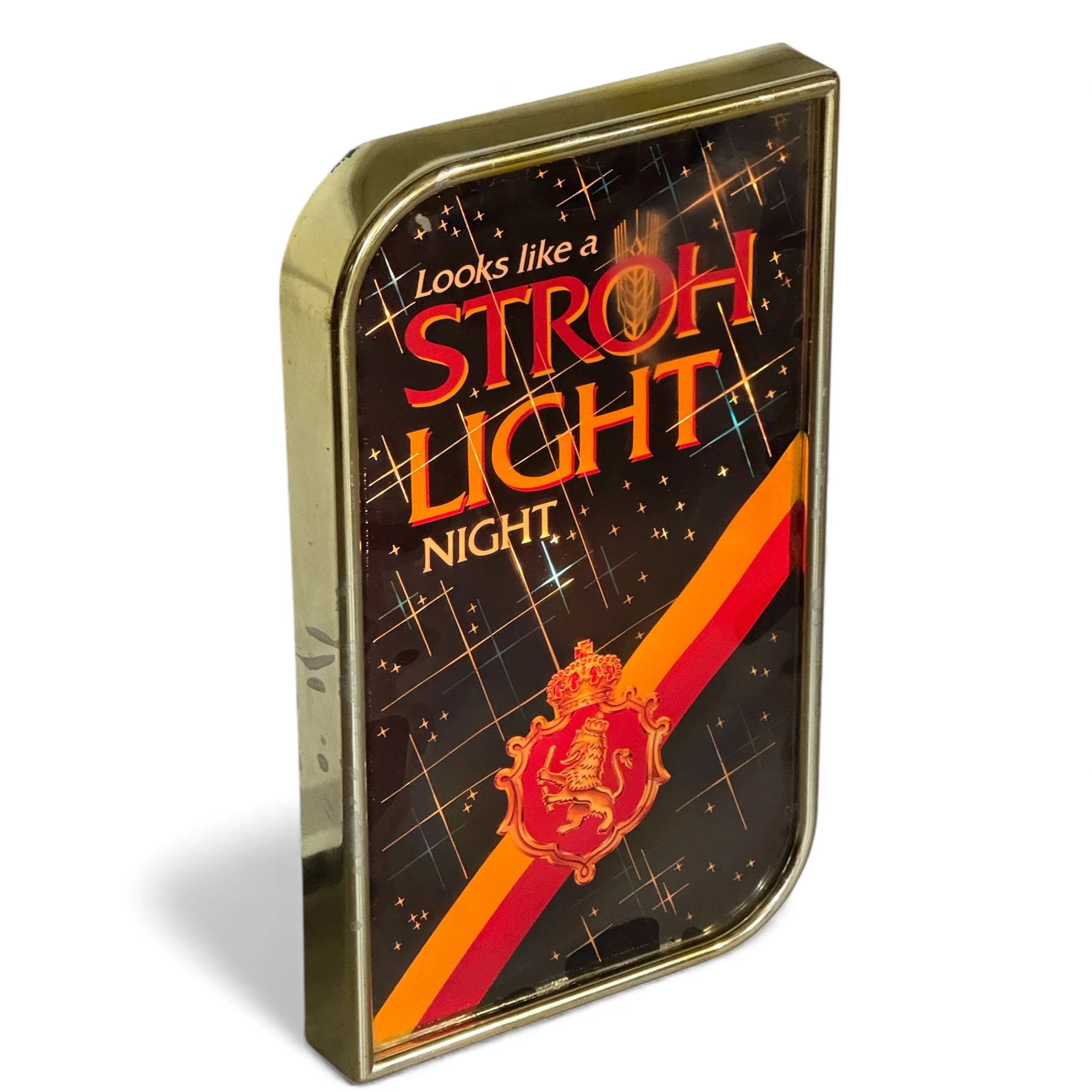 Side view of vintage Stroh Light illuminated beer sign, gold frame, black, red, orange colors