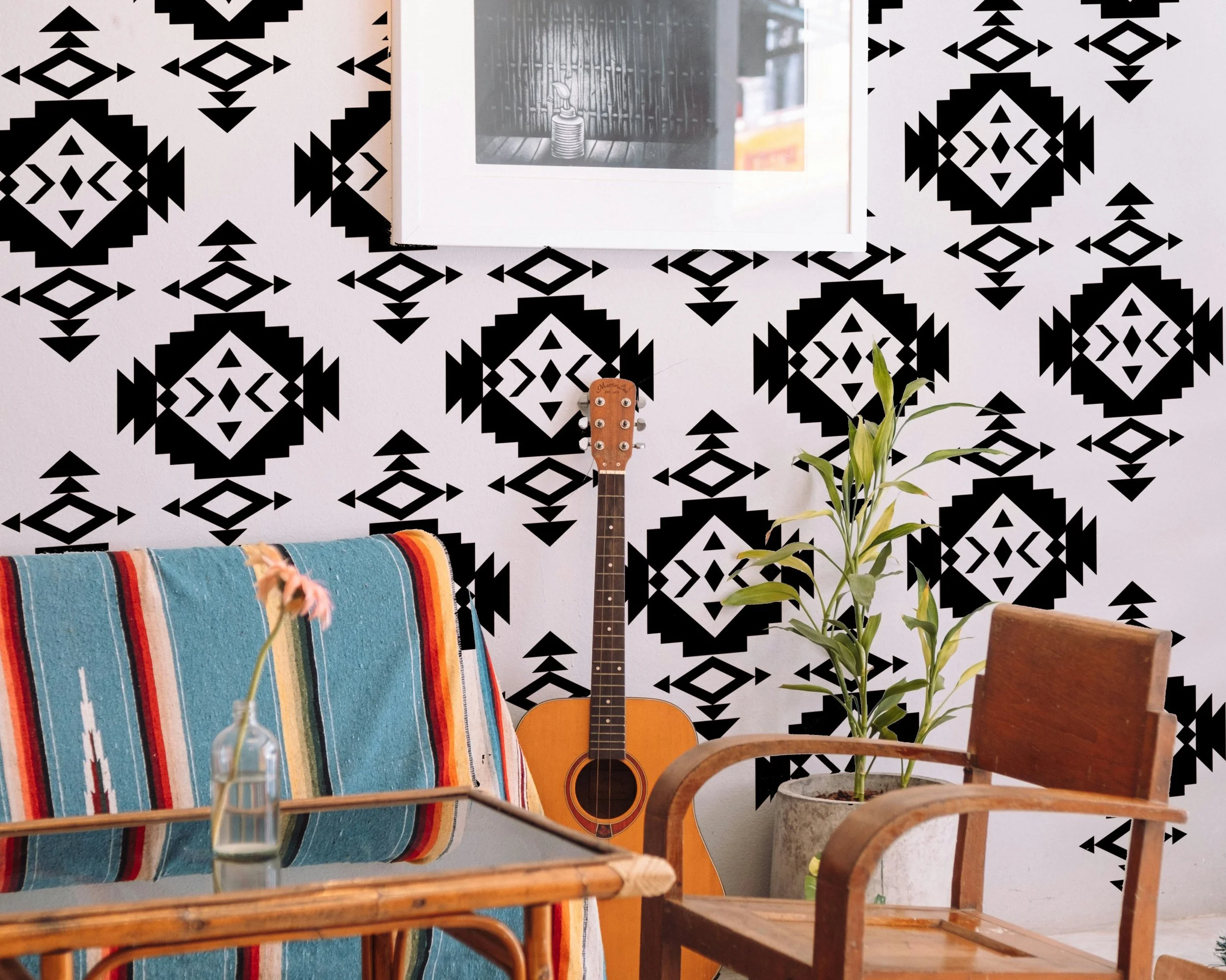 Western Navajo style removable wall decals with geometric desert design, 2 color vinyl stickers, perfect for Southwestern or rustic home decor.