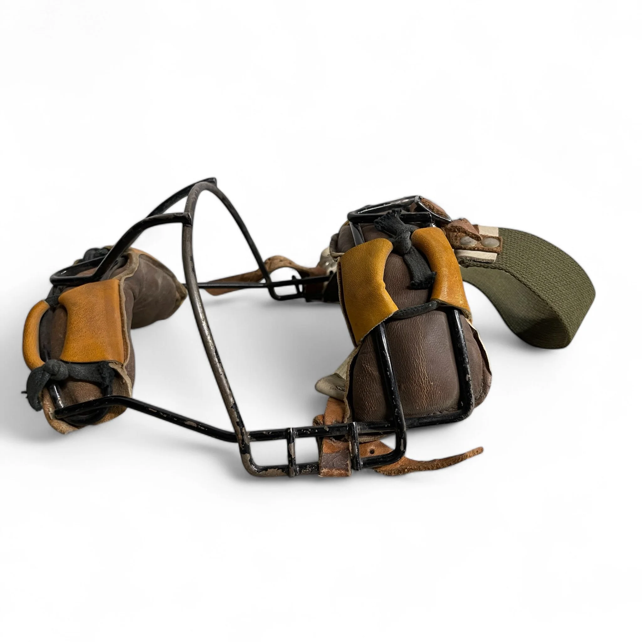 Vintage 1940s Ken-Wel 34M catchers mask with leather padding and metal frame. Collectible baseball and softball sports memorabilia.
