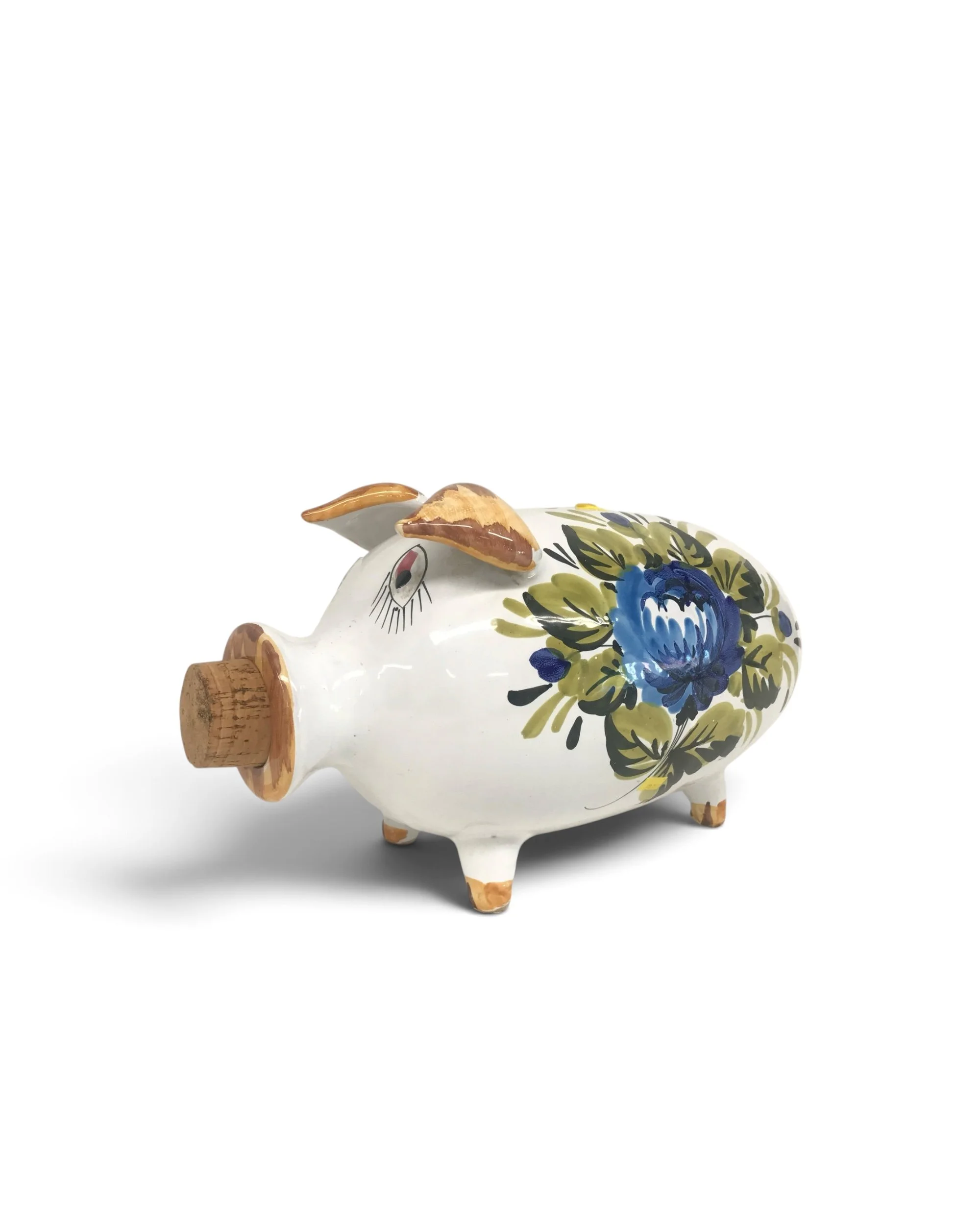Large vintage Italian ceramic piggy bank with oversized blue and olive green florals and cork stopper