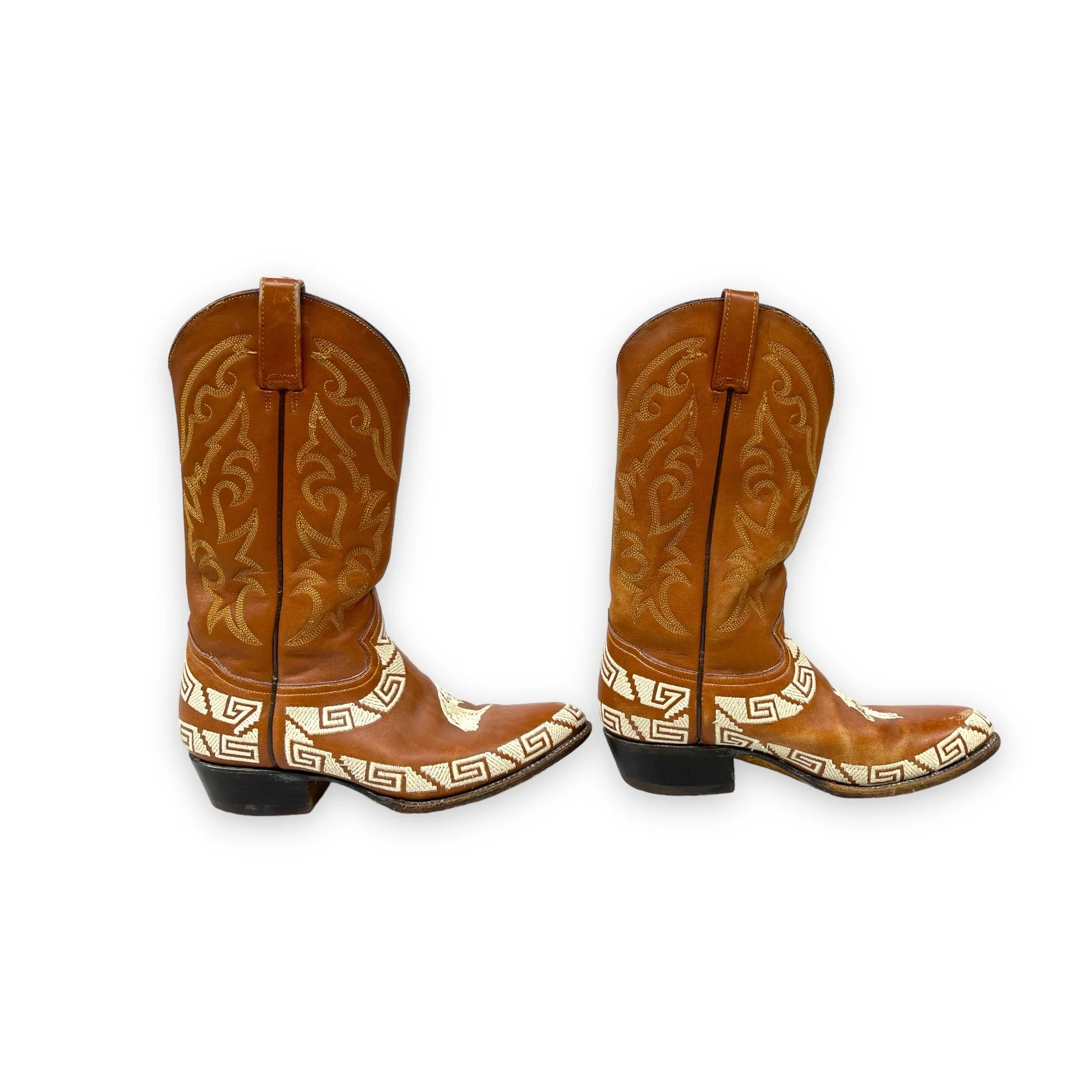 Vintage mens Rudel leather cowboy boots, made in Mexico - brown leather boots with detailed horse embroidery and geometric design on the sides, classic western style, collectible mens footwear.