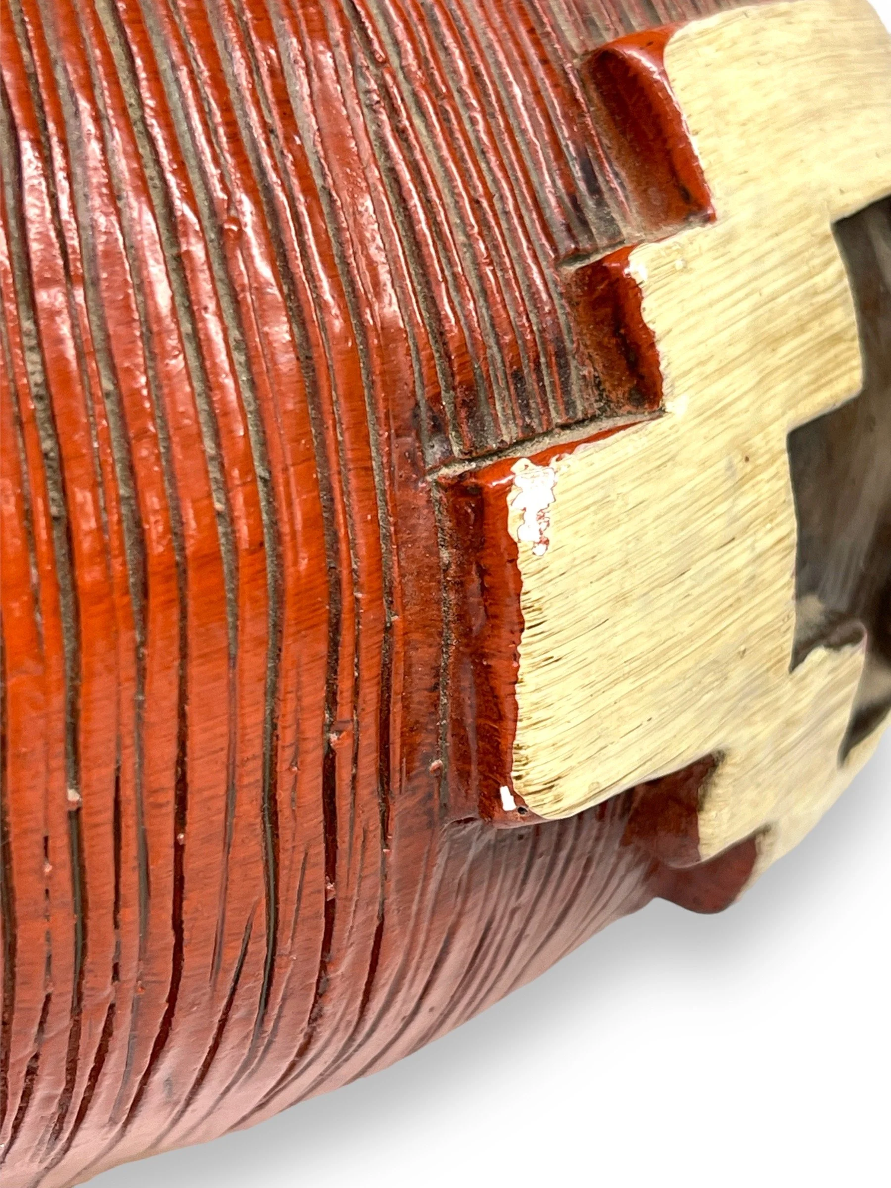 Vintage 31 inch tall ceramic table lamp with shade by American Lamp Co., featuring a southwestern geometric pattern in earth tone colors.