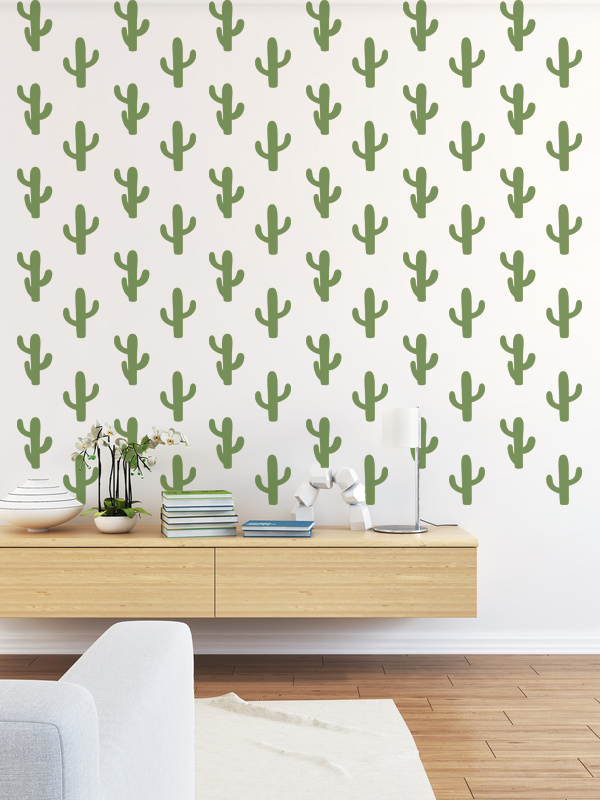 Cactus wall decals by Wall Star Graphics shown in lime green above a wooden wall mounted credenza.