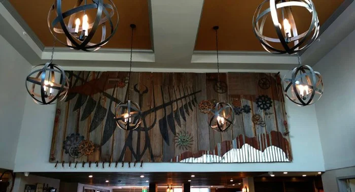So excited to finally see our most ambitious art install to date in its new home. Made from almost 100% reclaimed materials, this piece is symbolic of the area. Made by hand, with our 4 hands. Photo credit: Four Points by Sheraton Barrie.