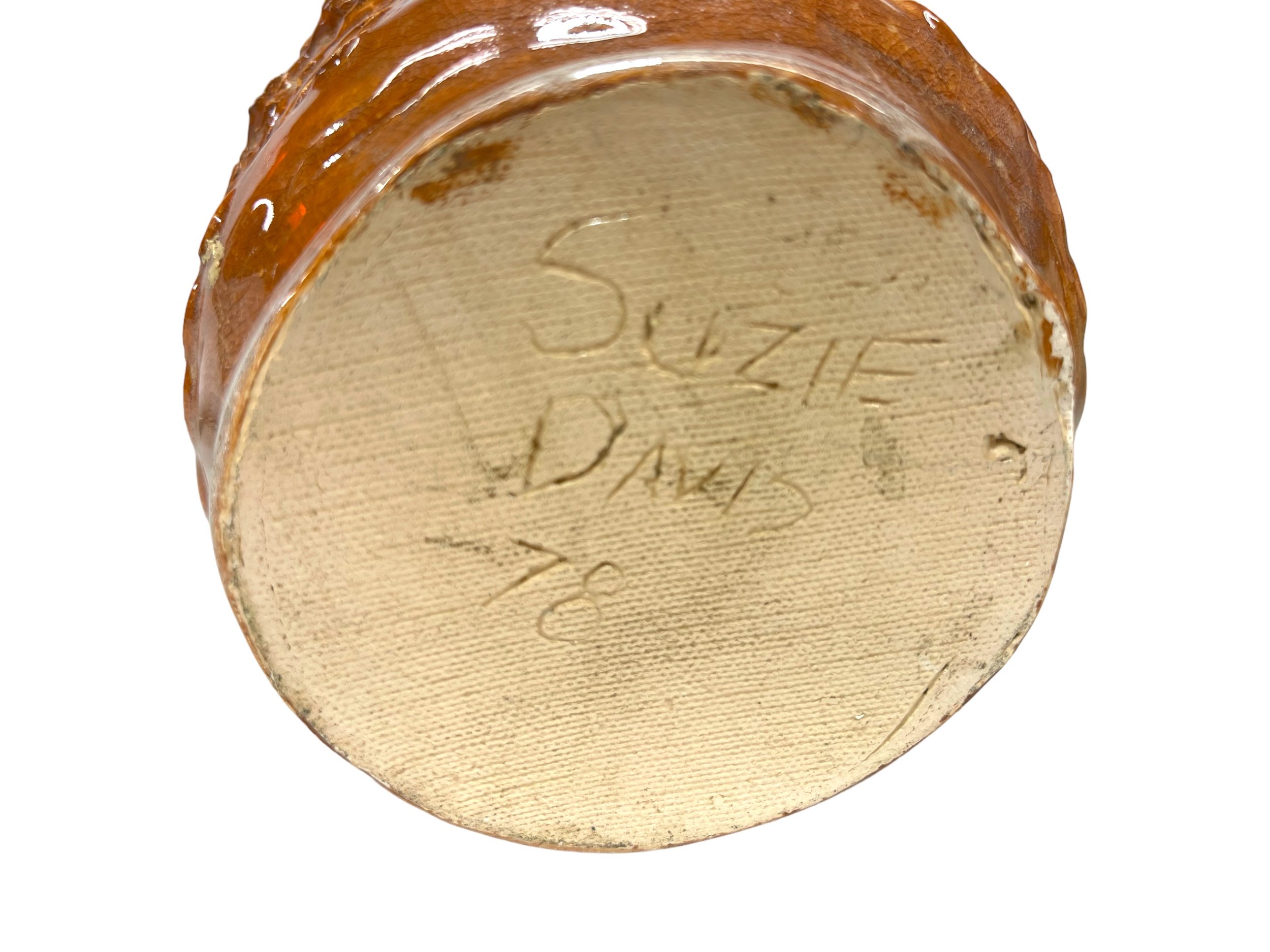 Vintage glazed studio pottery vase, geometric southwestern design, earth tone color, 1970s signed and dated by artist, unique design