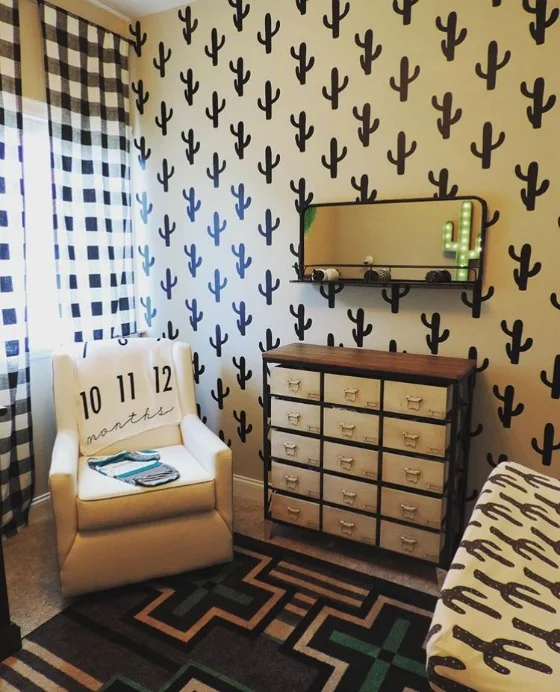 Cactus wall decals by Wall Star Graphics shown in black in a boho modern nursery.