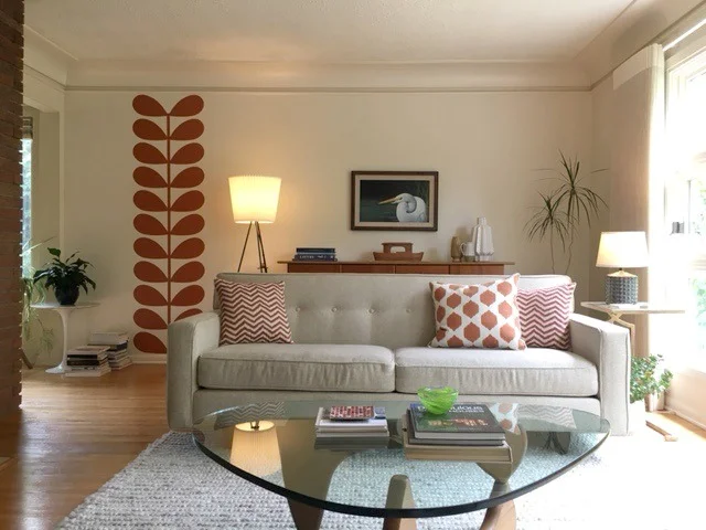 Retro floral wall decals by Wall Star Graphics in a mid century inspired living room.