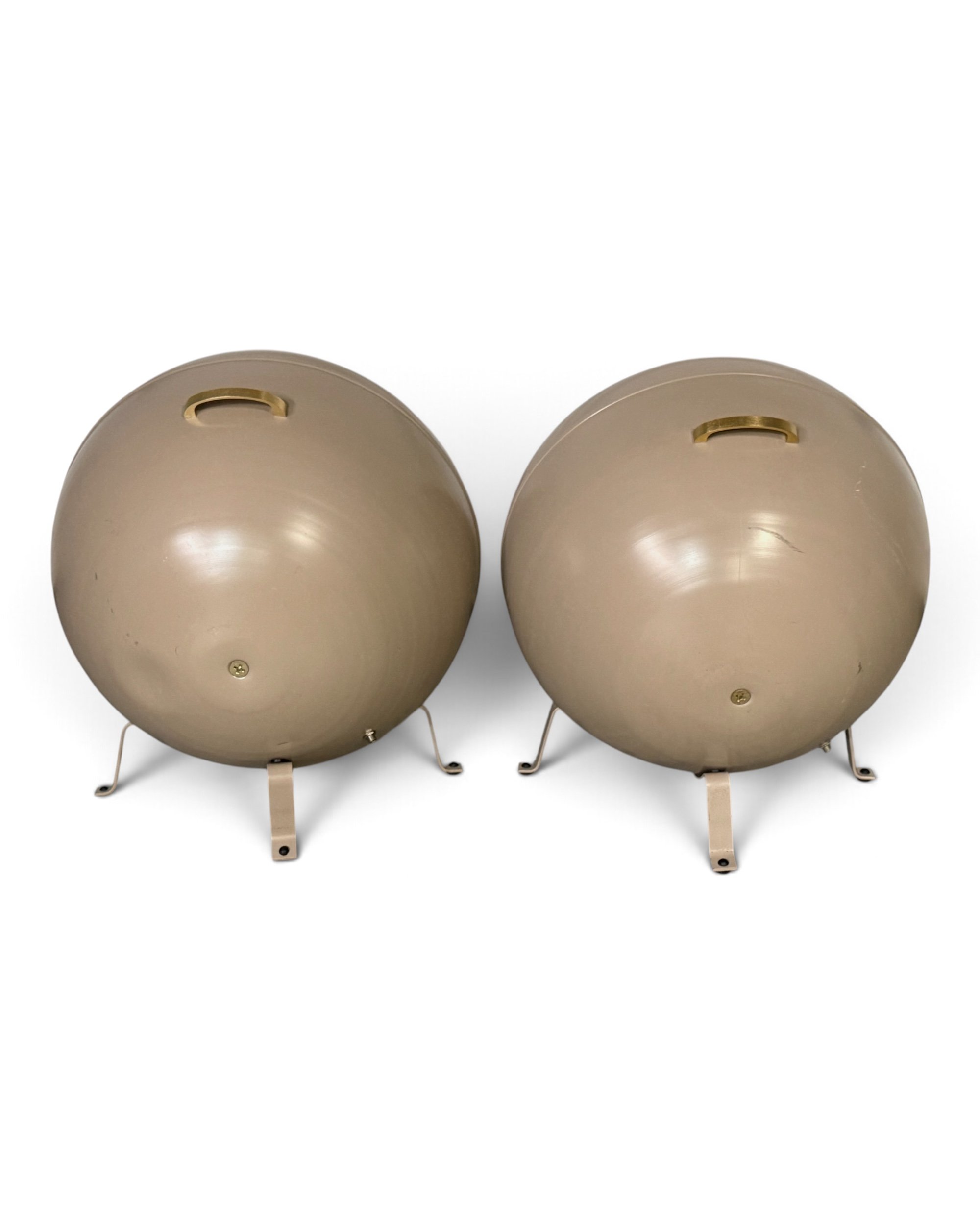 Rear view of a rounded, hemispherical aluminum Bozak speaker housing, showing the curved handle and the original metal support frame.