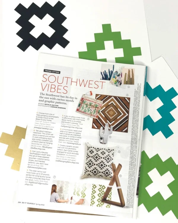 Geometric southwestern pattern vinyl wall decals by Wall Star Graphics shown in yellow and shown as backslash in a kitchen.