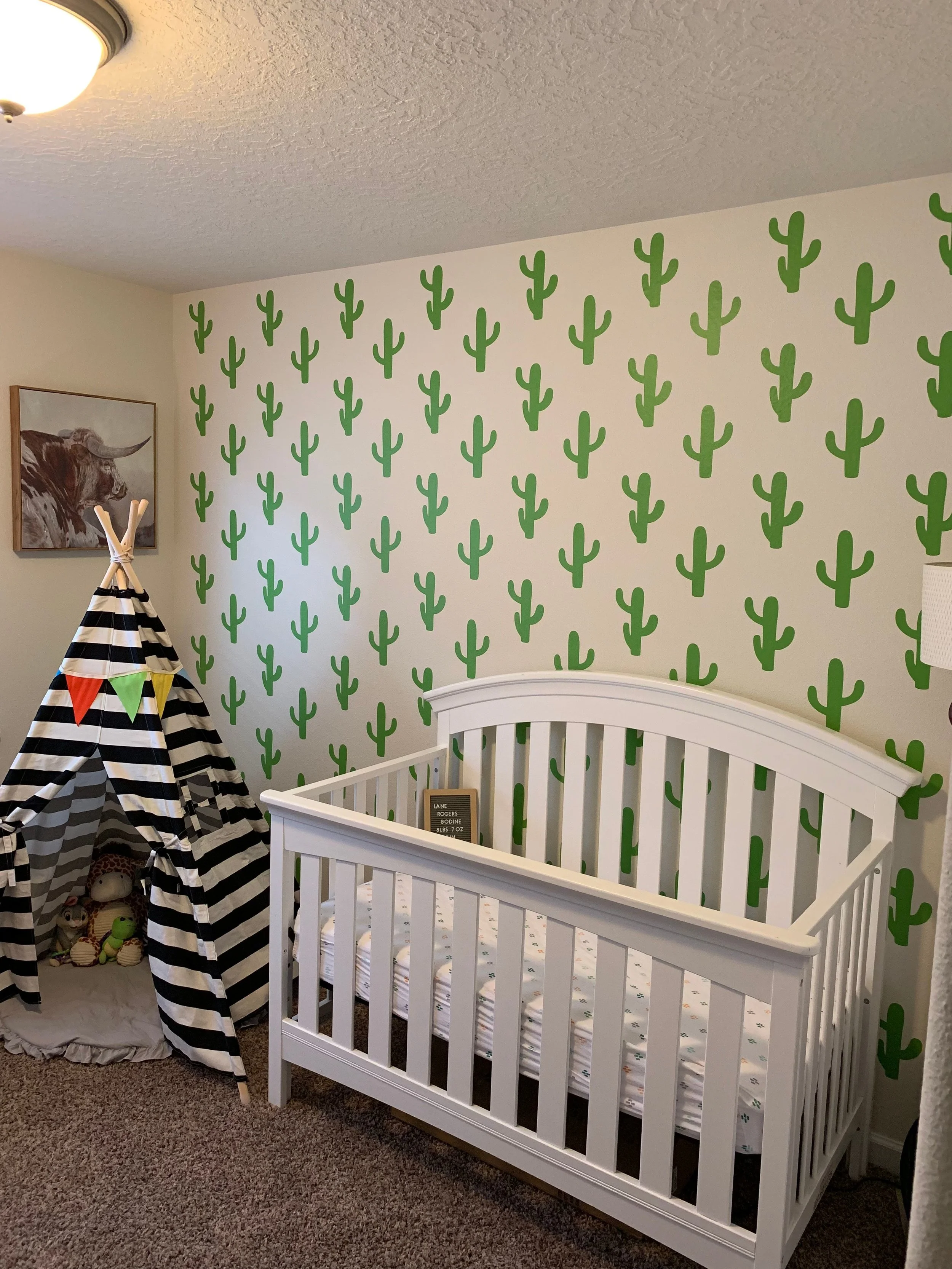 Cactus wall decals by Wall Star Graphics shown in lime green in a southwestern themed nursery.
