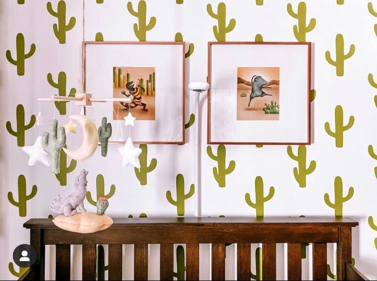 Cactus wall decals by Wall Star Graphics shown in a boho modern themed nursery.