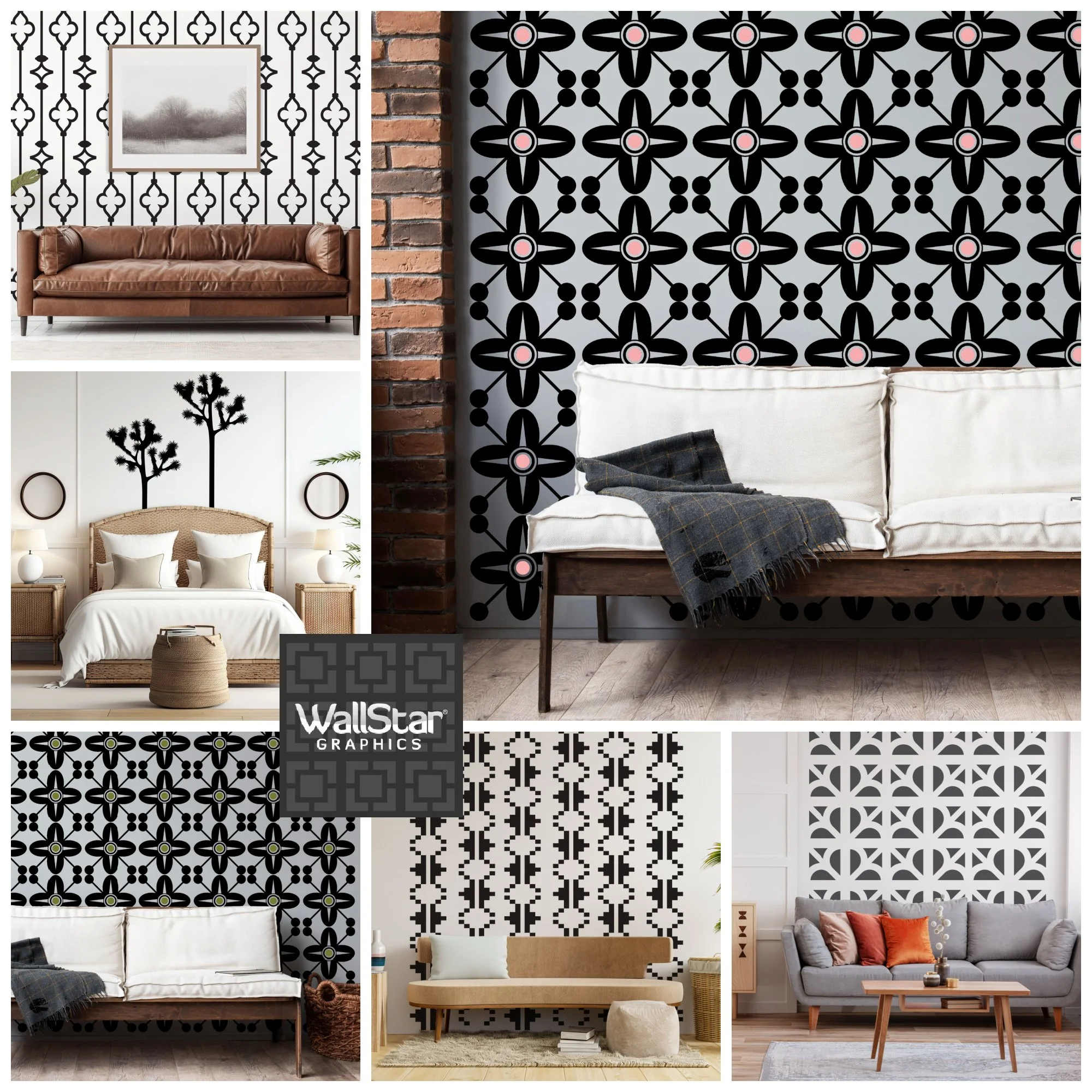 A collage of renter friendly peel and stick wall decals for modern interiors.