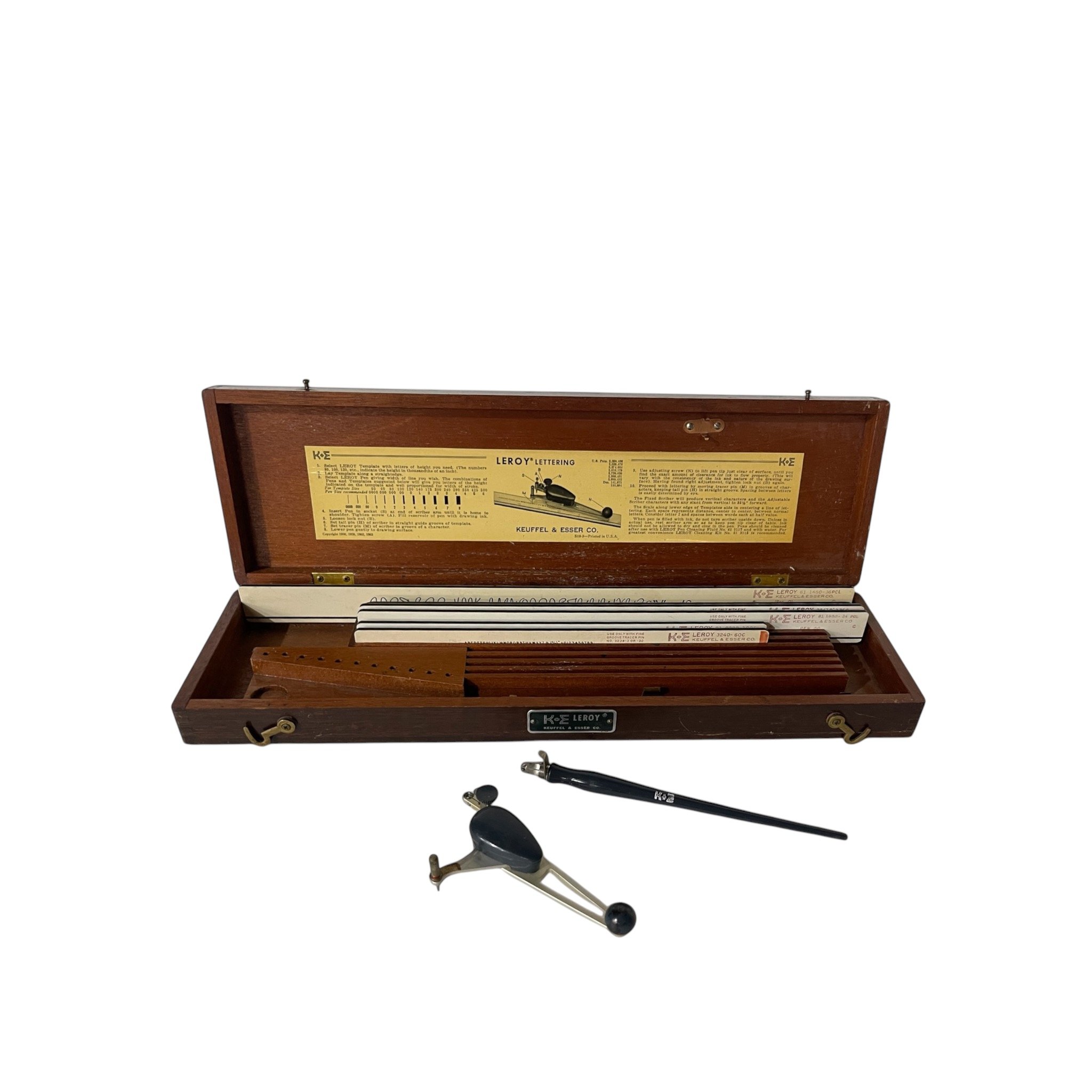 Vintage K&E lettering kit with supplies, Keuffel Esser Leroy drafting kit and case.