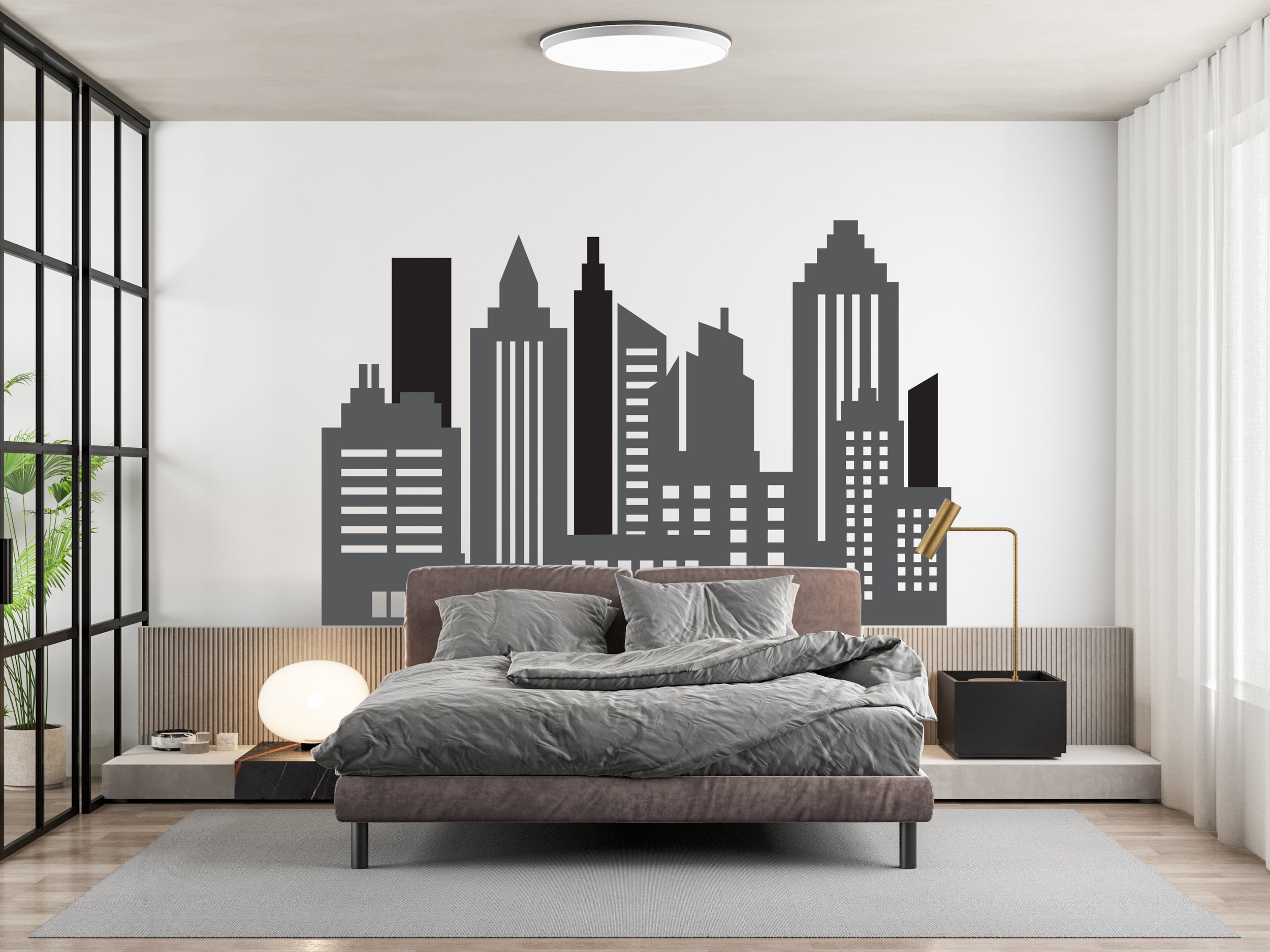 Large city skyline wall decal shown on a white wall of a modern primary bedroom.