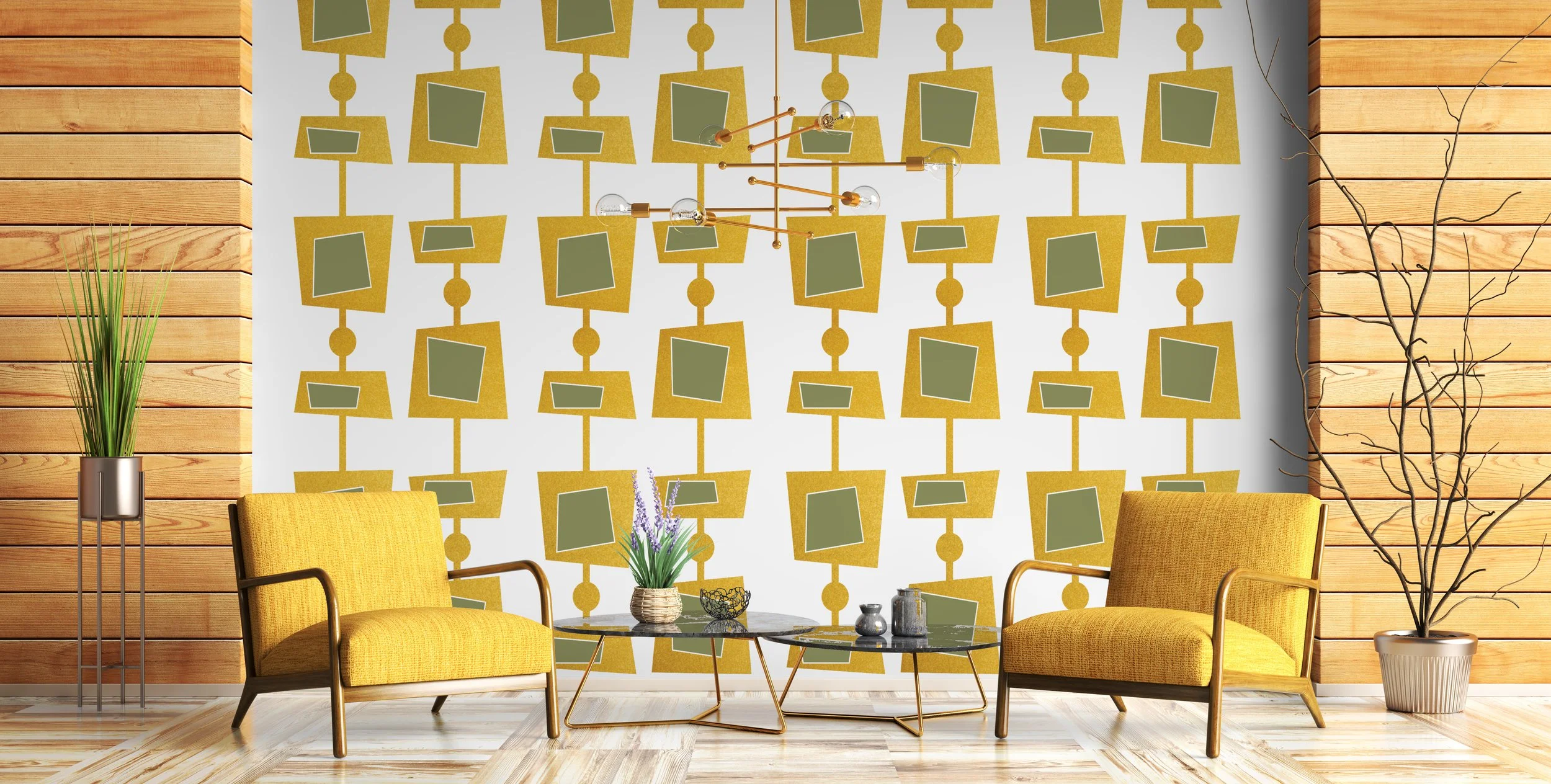 Geometric mid century pattern wall decal shown in metallic gold and olive on a white wall with two modern yellow chairs, and tables.