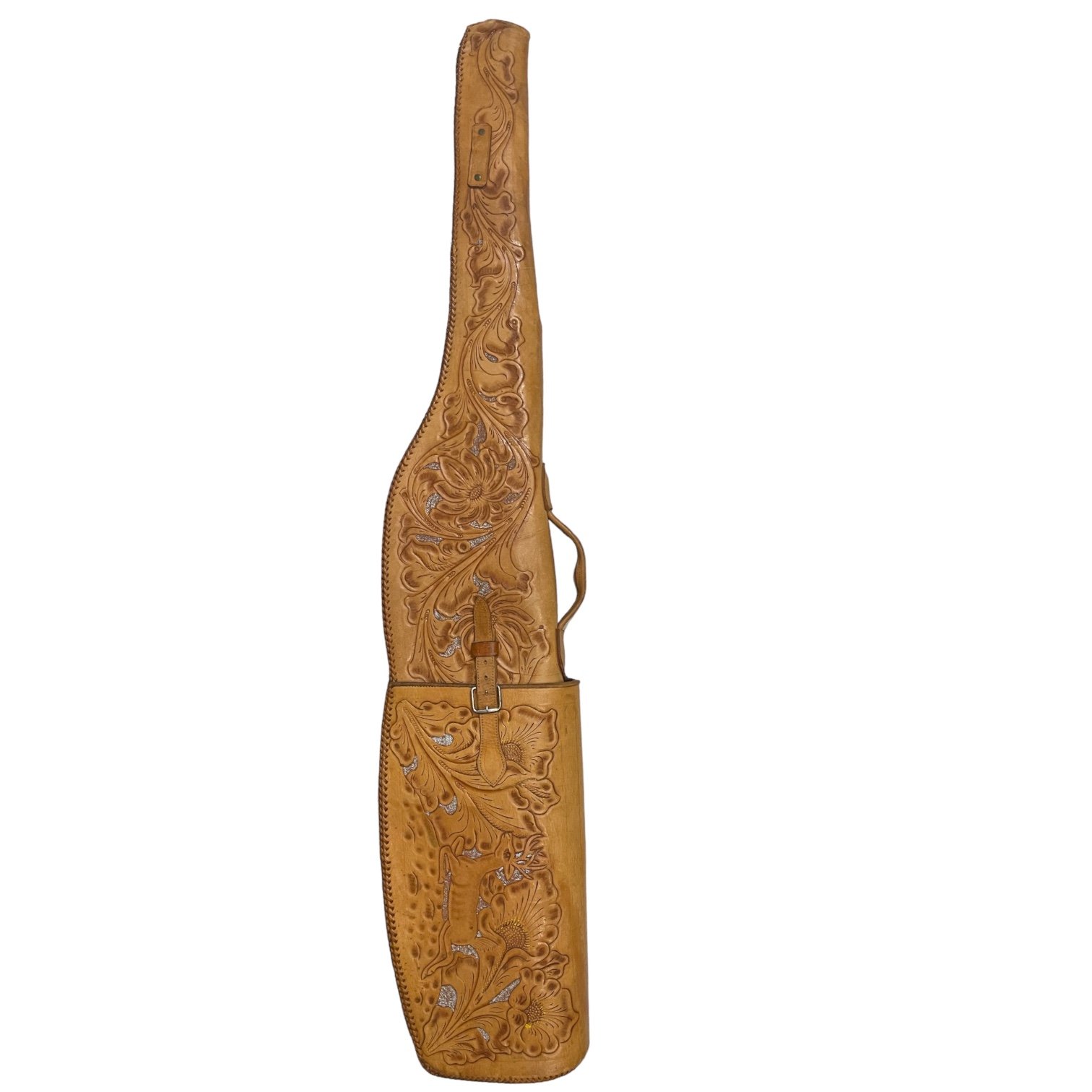 Vintage genuine leather hand tooled two piece rifle case lined in red fleece. Embossed flowers, deer on gun case.