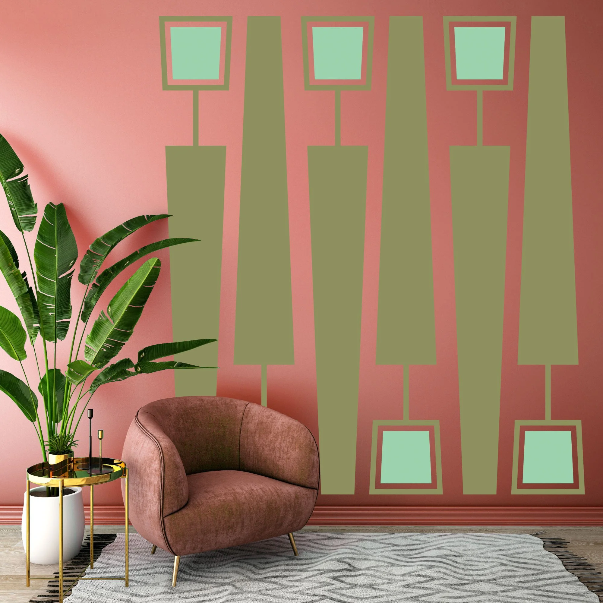 Geometric shapes, two color wall decals shown in a olive and celedon installed on a pink wall in a contemporary living room, by Wall Star Graphics.
