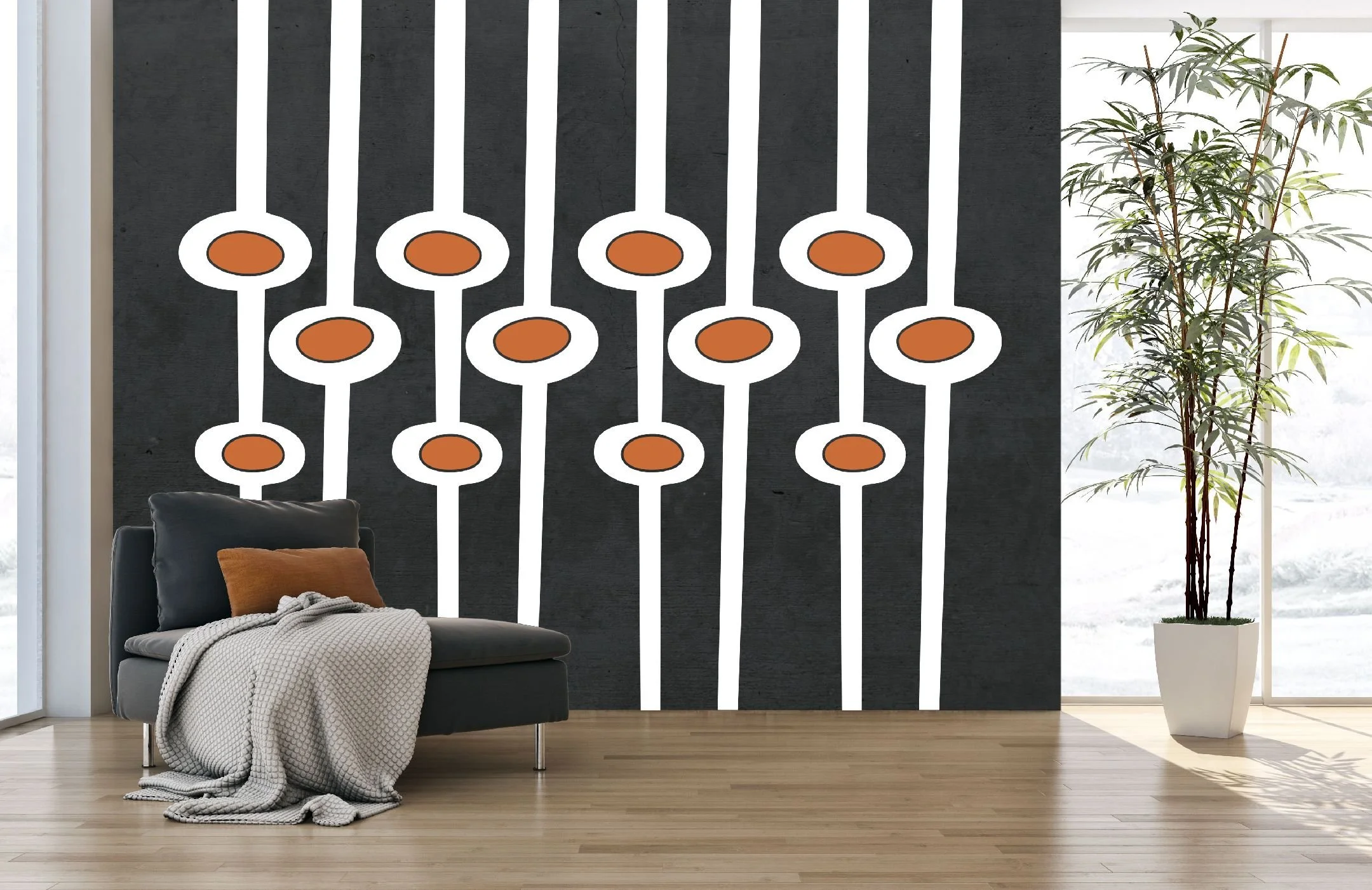 A retro modern stylish two color removable vinyl decal, featuring a sleek geometric oval pattern, suitable for renters.