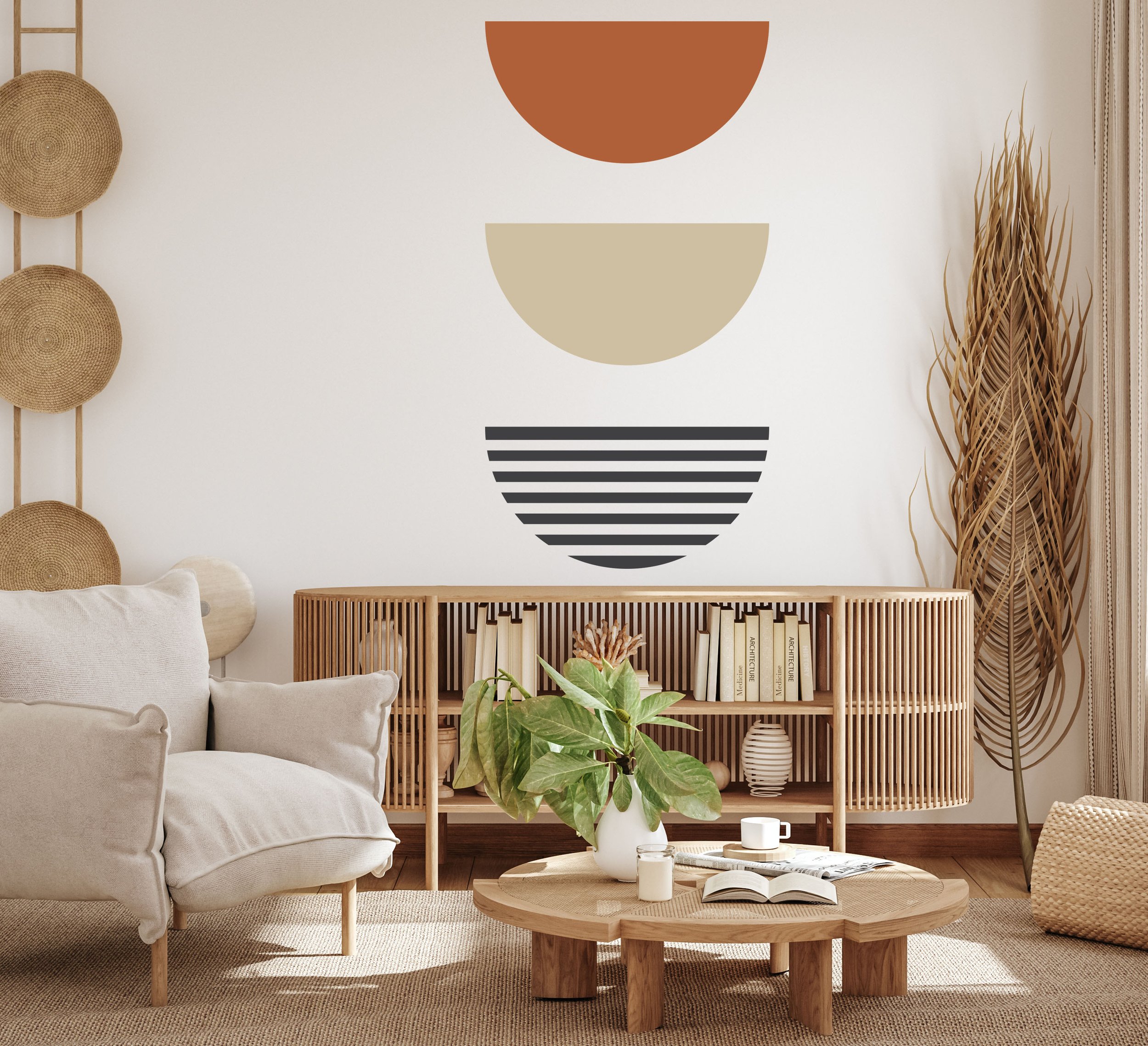 A set of 3 half circles, 2 solid, 1 striped wall decals, perfect for boho modern interiors.