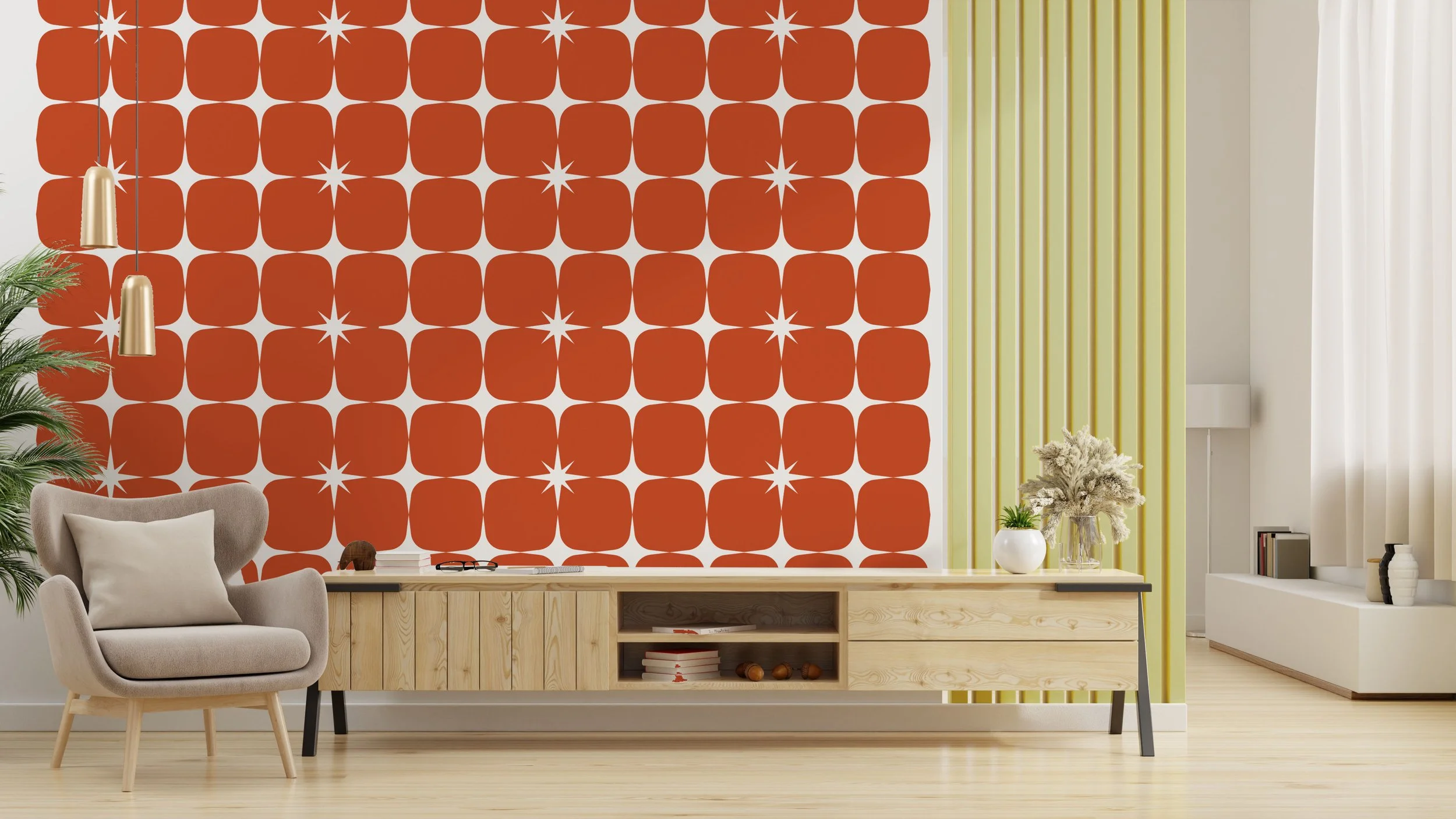 Removable vinyl wall decals by Wall Star Graphics in a repeat square pattern revealing an atomic starburst design.