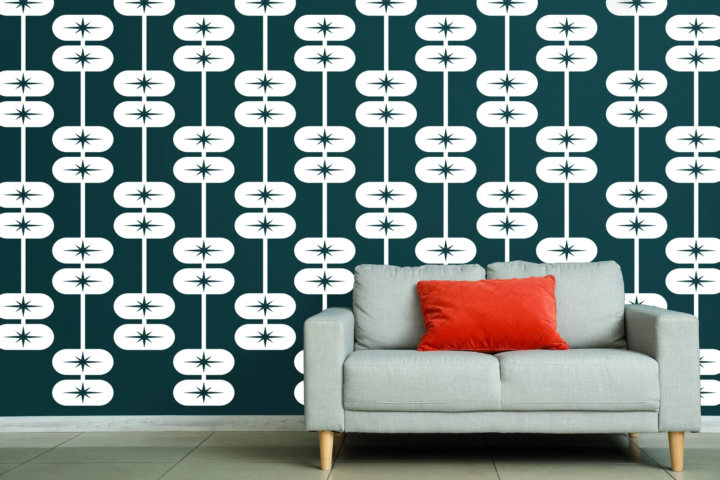 Atomic Star Oval Chain Wall Decal - 6 panels in white shown here.