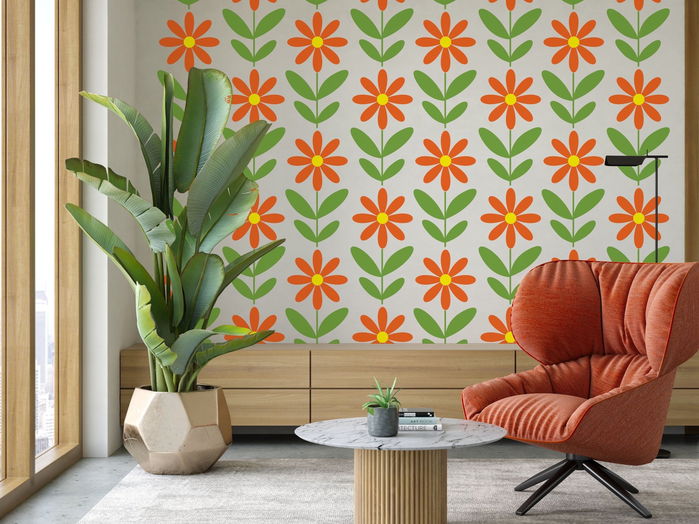 Retro 3 color daisy wall decal pattern installed in a modern living room.